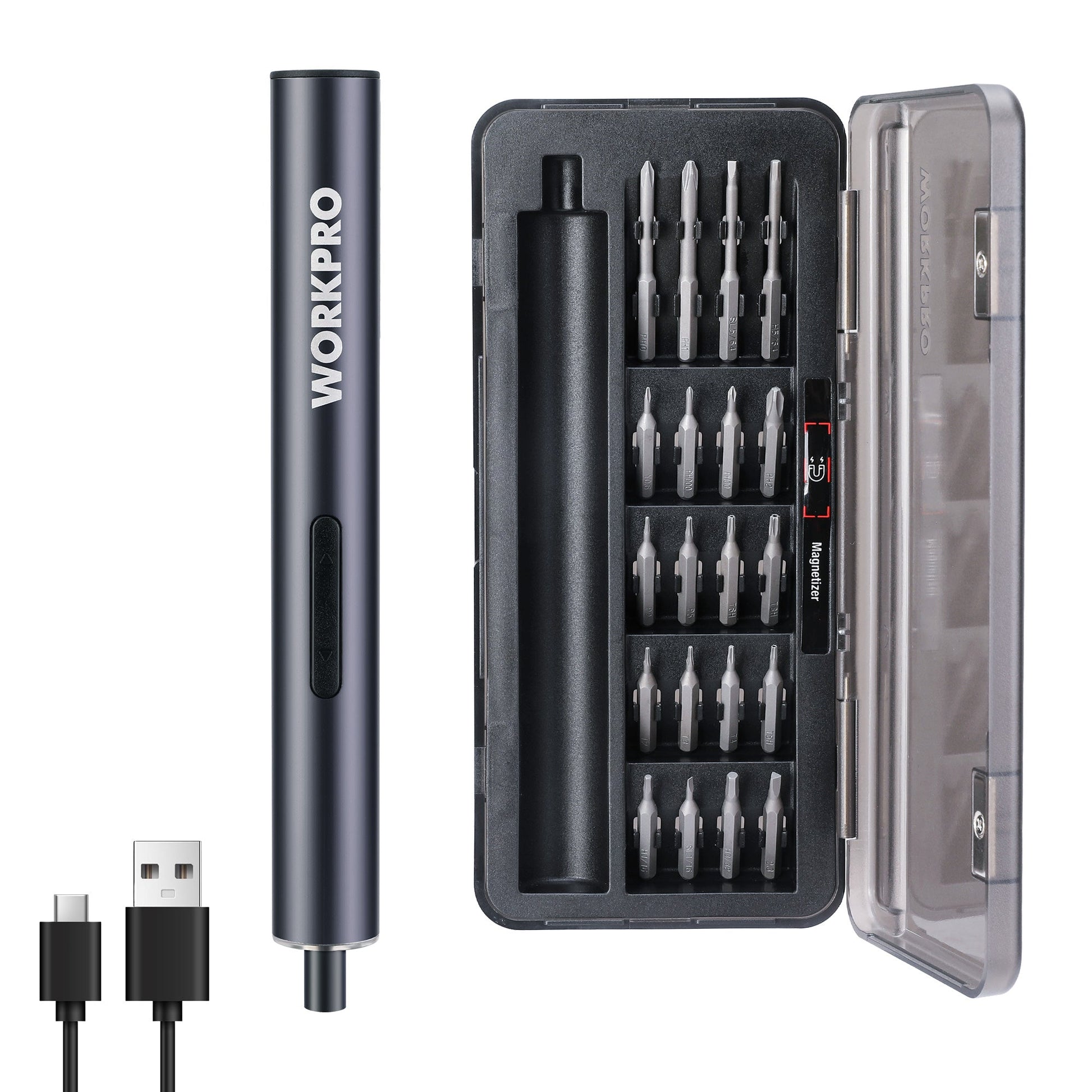 Mini electric precision screwdriver kit with magnetic bit case and charging cable