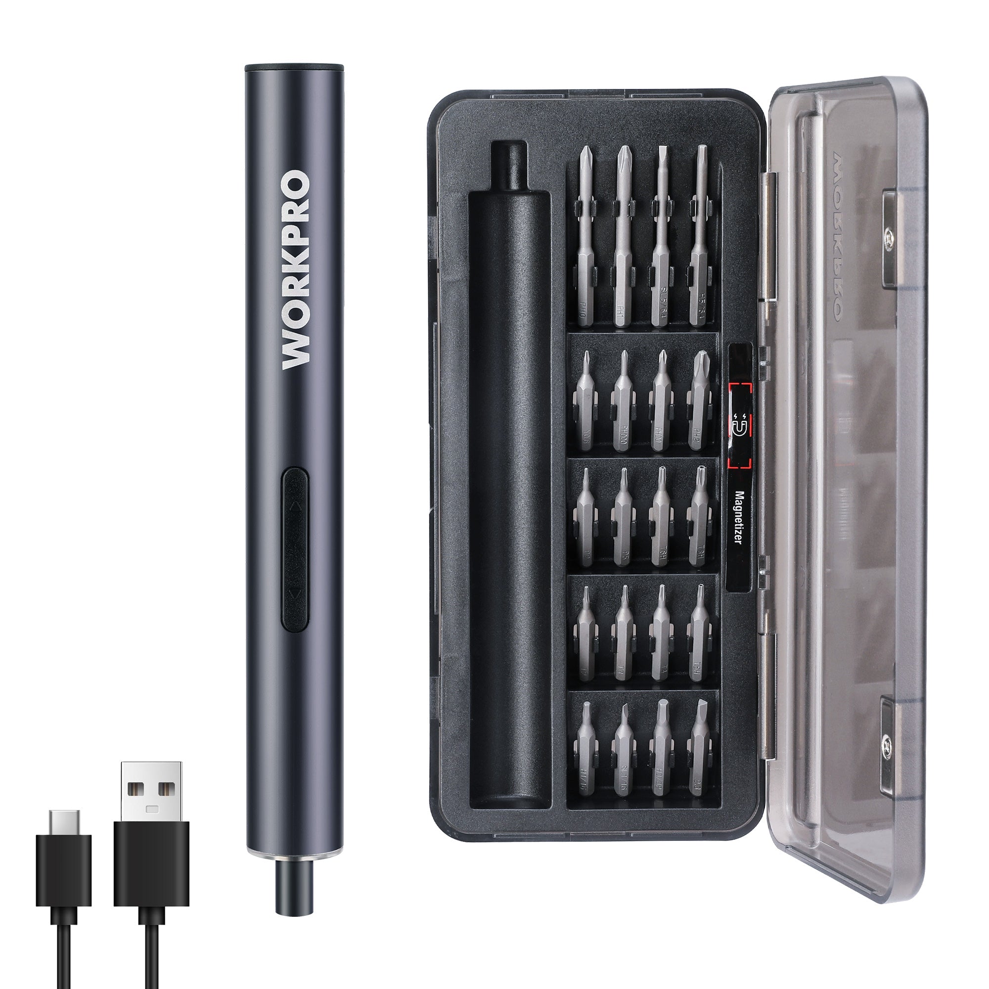 WORKPRO Mini Electric Screwdriver, 20 in 1 Electric Precision Screwdriver with Magnetizer and S2 Steel Bits, Max 4.0V Magnetic Rechargeable Cordless Screwdriver Kit for Phone, Camera, Laptop