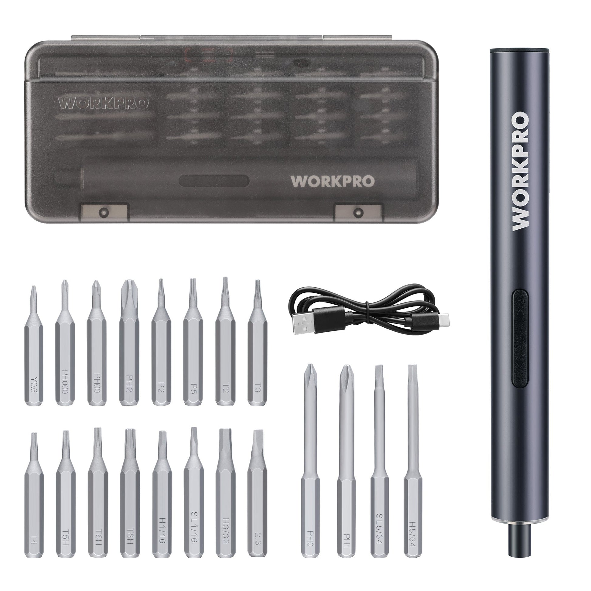 Mini electric precision screwdriver with open storage case and assorted S2 steel bits