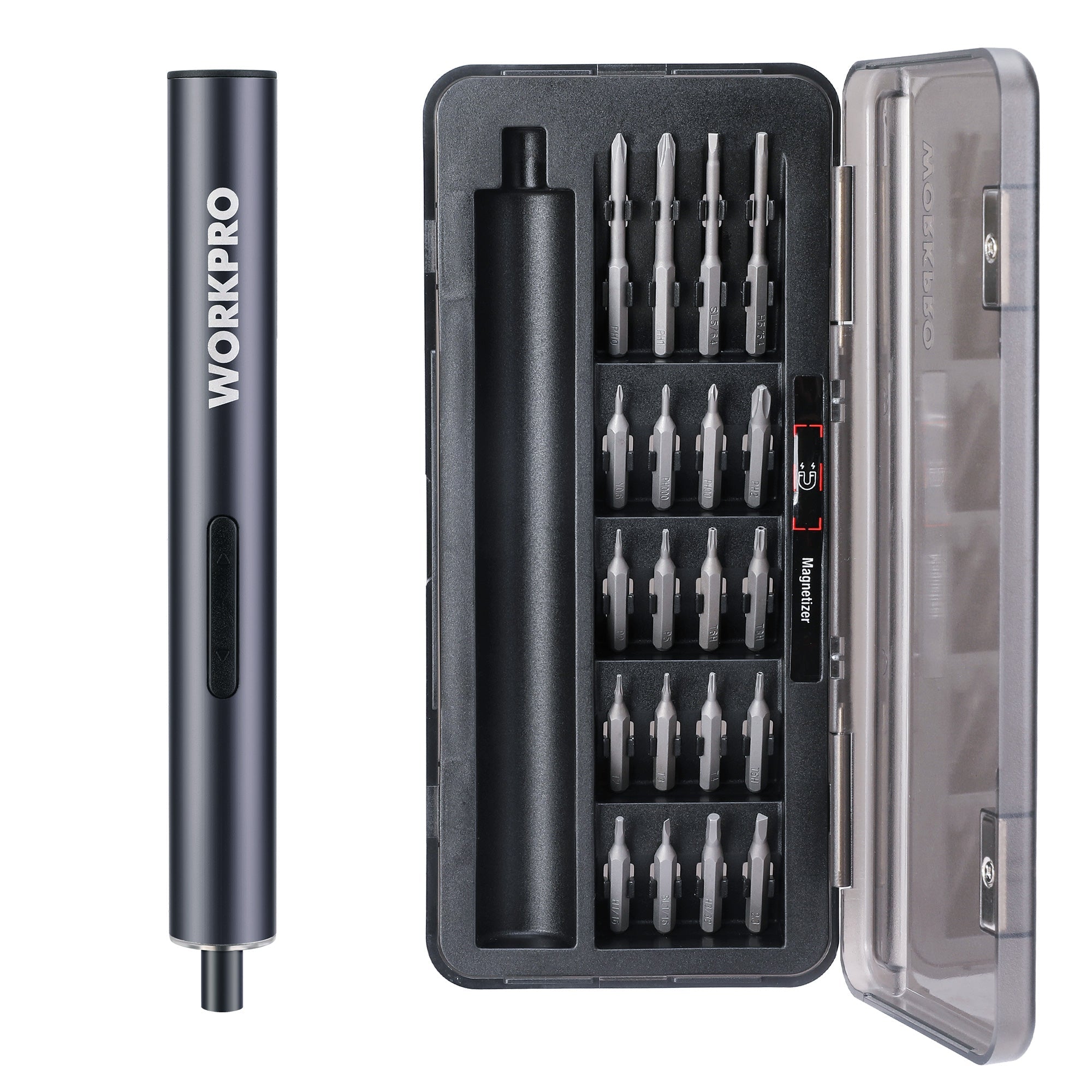 Mini electric precision screwdriver kit with magnetic driver body and 20-bit organizer