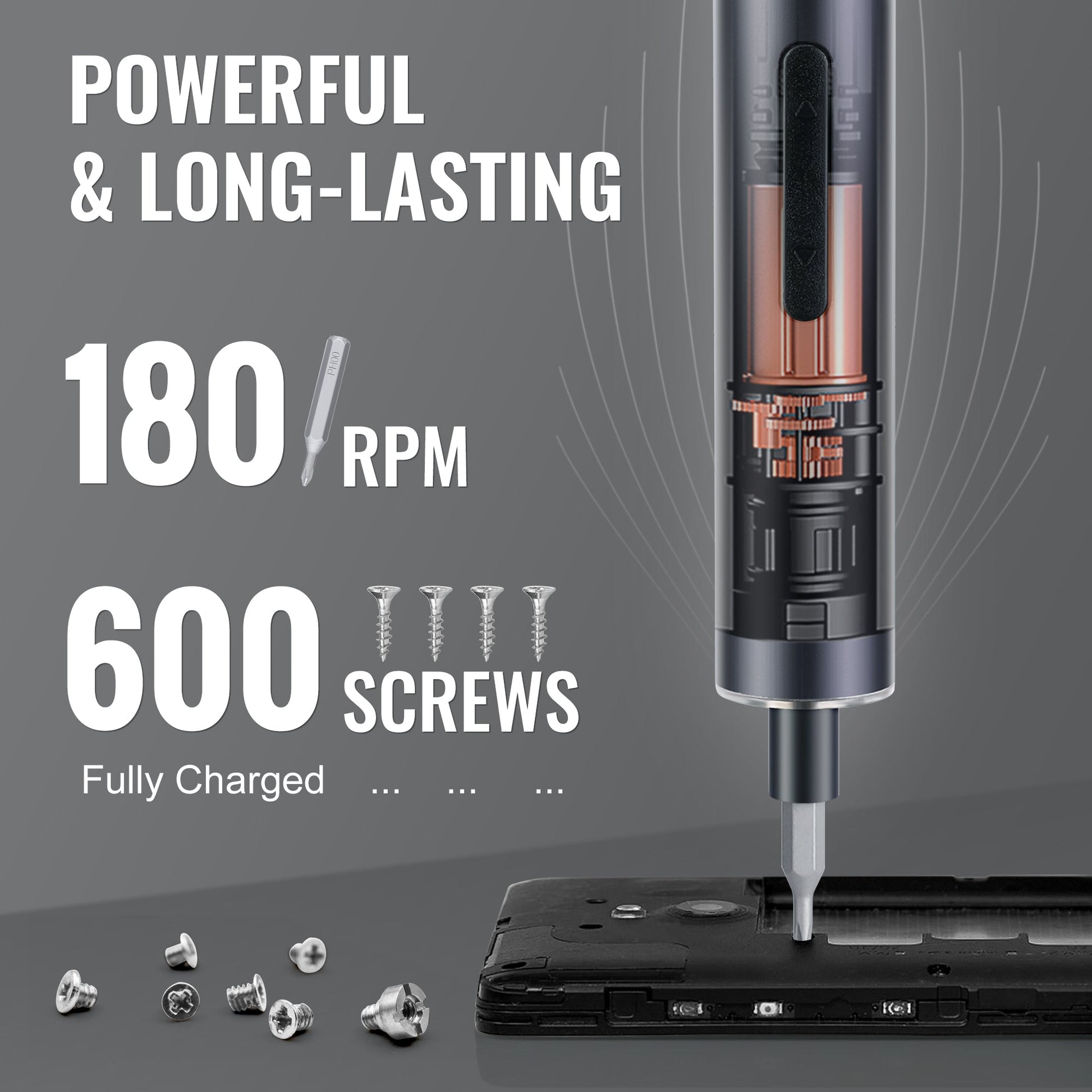 Mini electric precision screwdriver with extended bit output for compact fastening