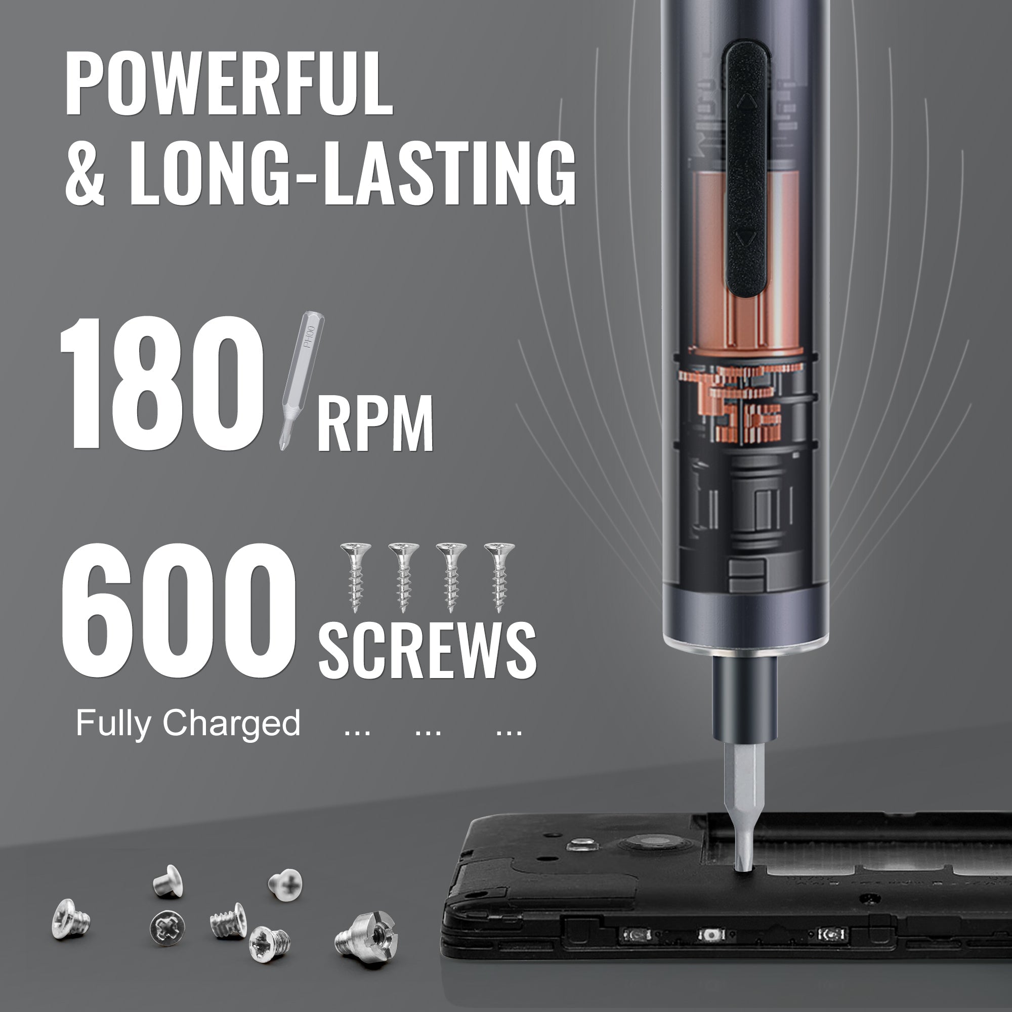 Mini electric precision screwdriver with extended bit output for compact fastening