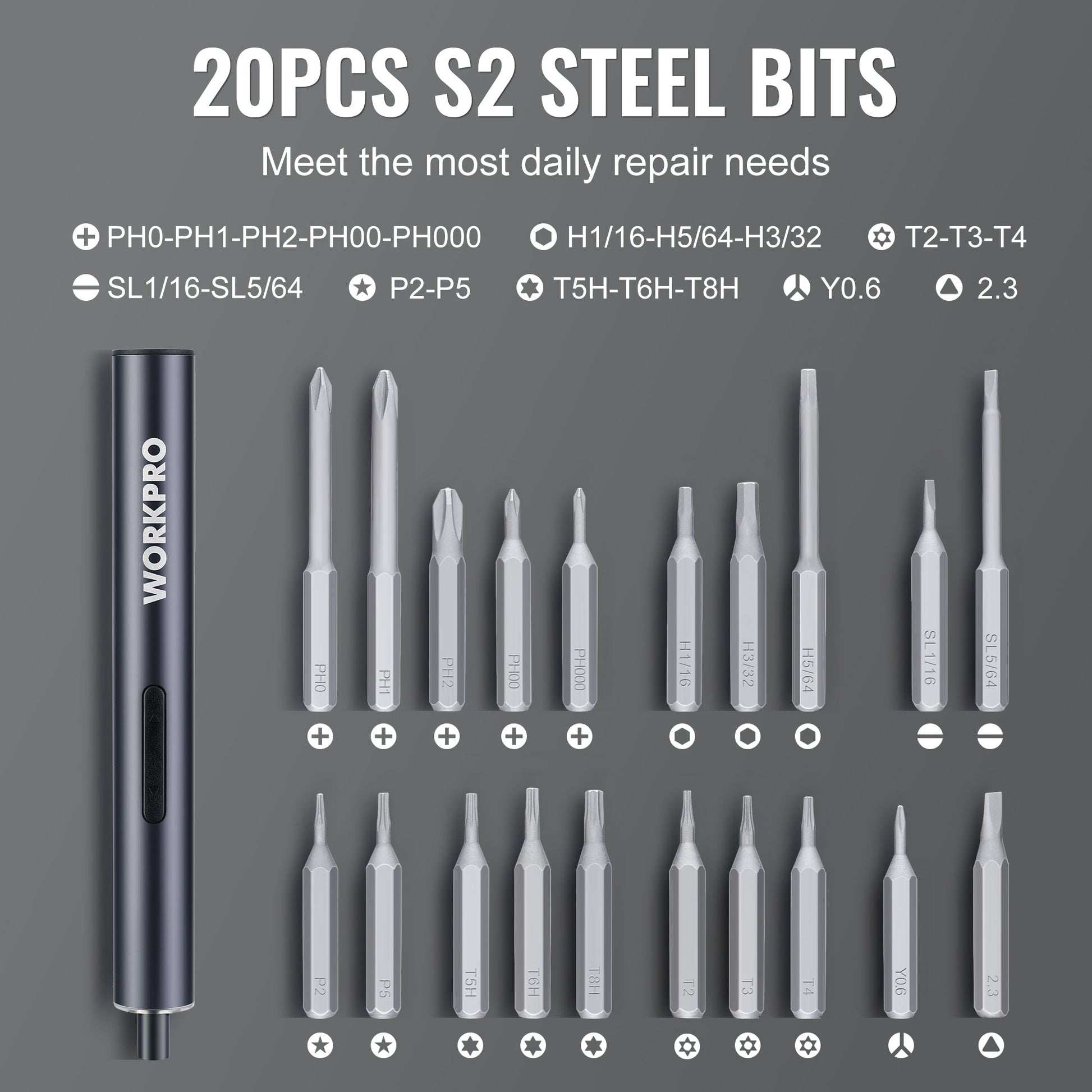 Mini electric precision screwdriver with 20-piece S2 steel bit set in grouped sizes