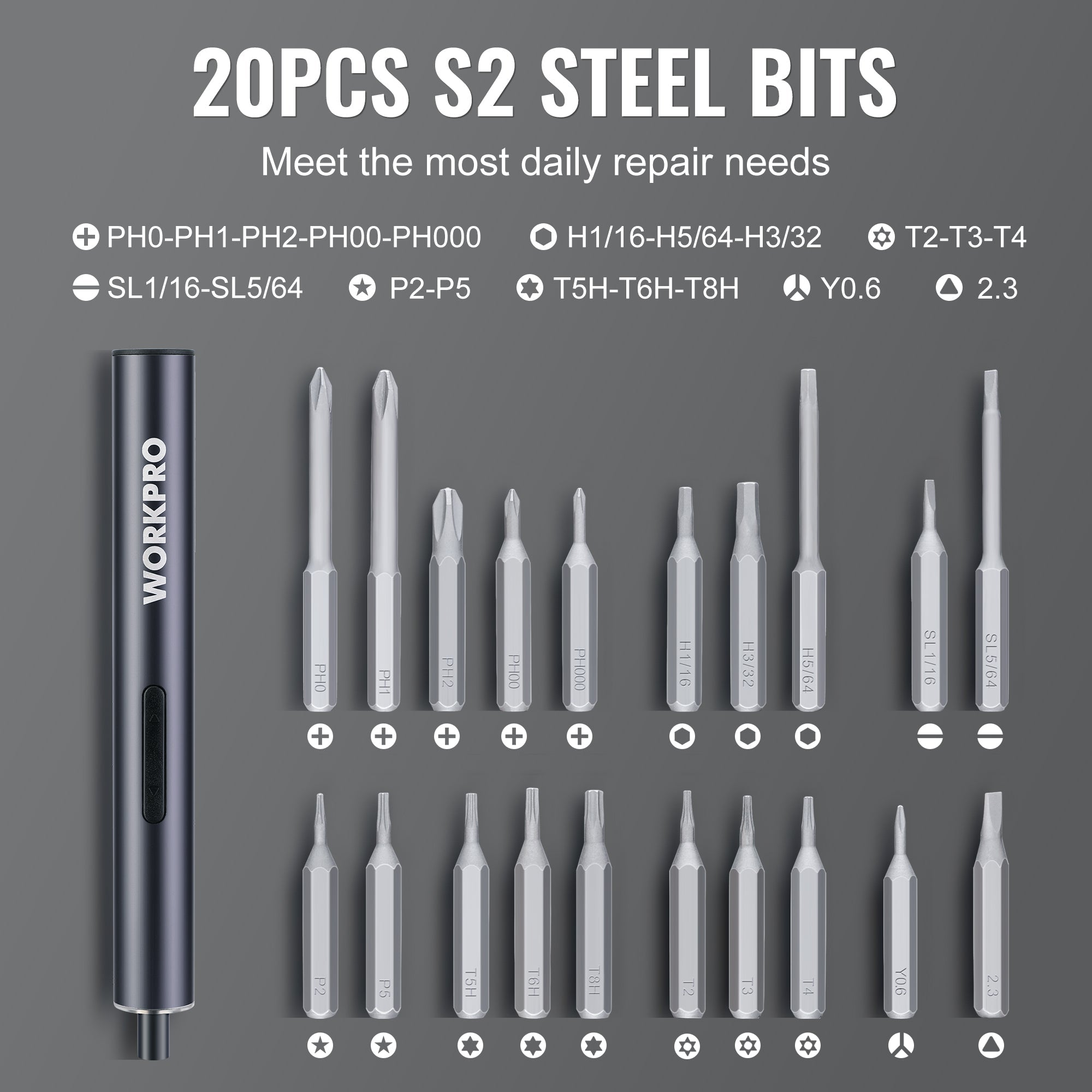 Mini electric precision screwdriver with 20-piece S2 steel bit set in grouped sizes