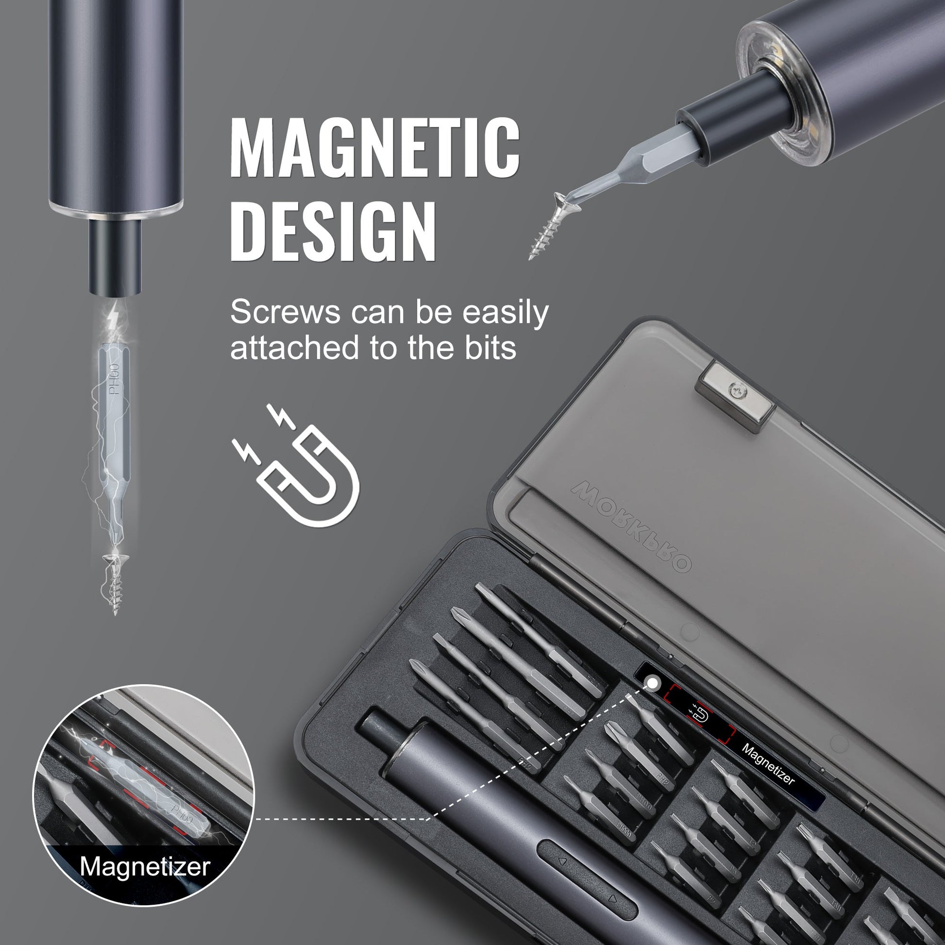 Magnetic mini electric screwdriver with bits held to the tip for easy attachment