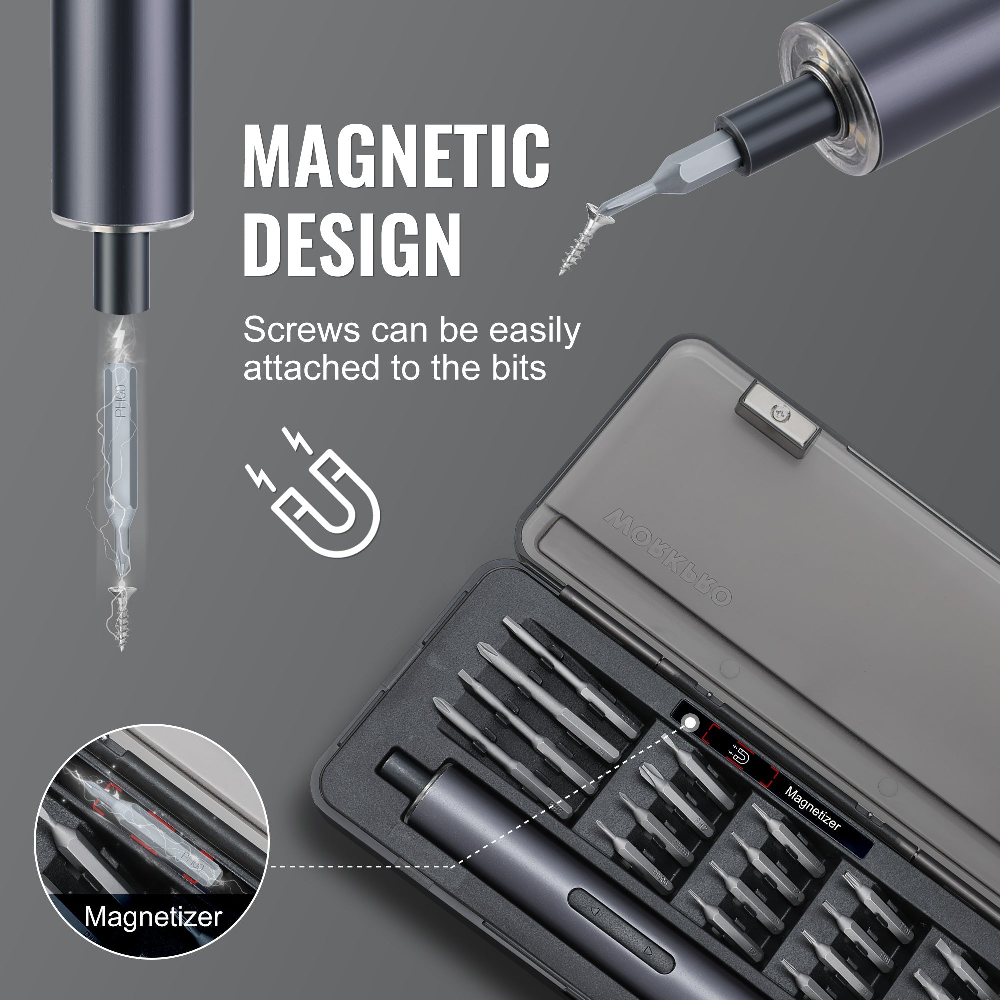 Magnetic mini electric screwdriver with bits held to the tip for easy attachment