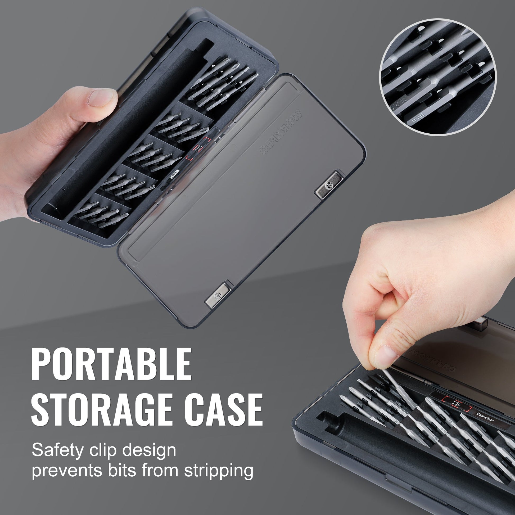 Portable mini electric screwdriver storage case with bits and hands holding the case