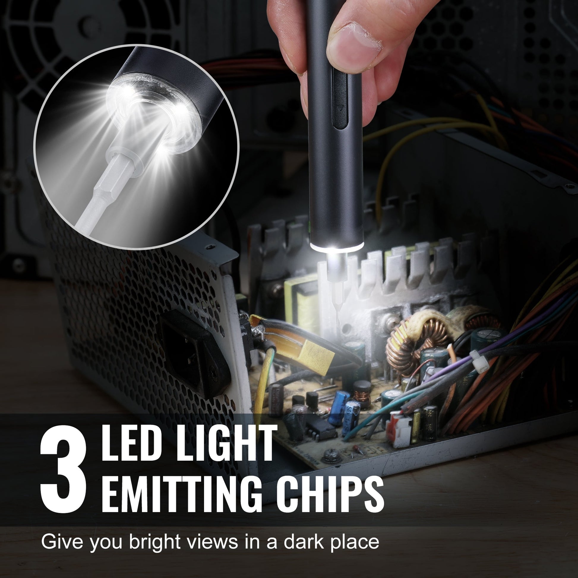 Mini electric precision screwdriver with LED light illuminating small electronics