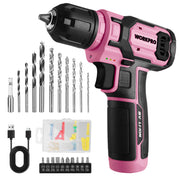 Pink and black 8V cordless drill driver kit with keyless chuck, bits, and storage case