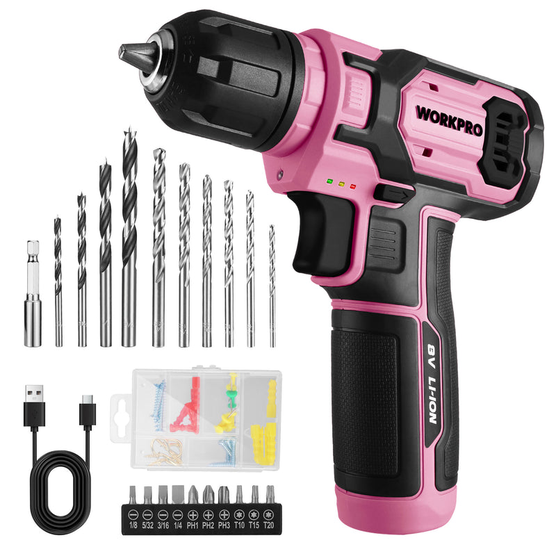 WORKPRO 8V Cordless Drill Driver Set with 53pcs Bit Set 2.0Ah Electric Drill Kit with 3 8 Keyless Chuck Pink Ribbon