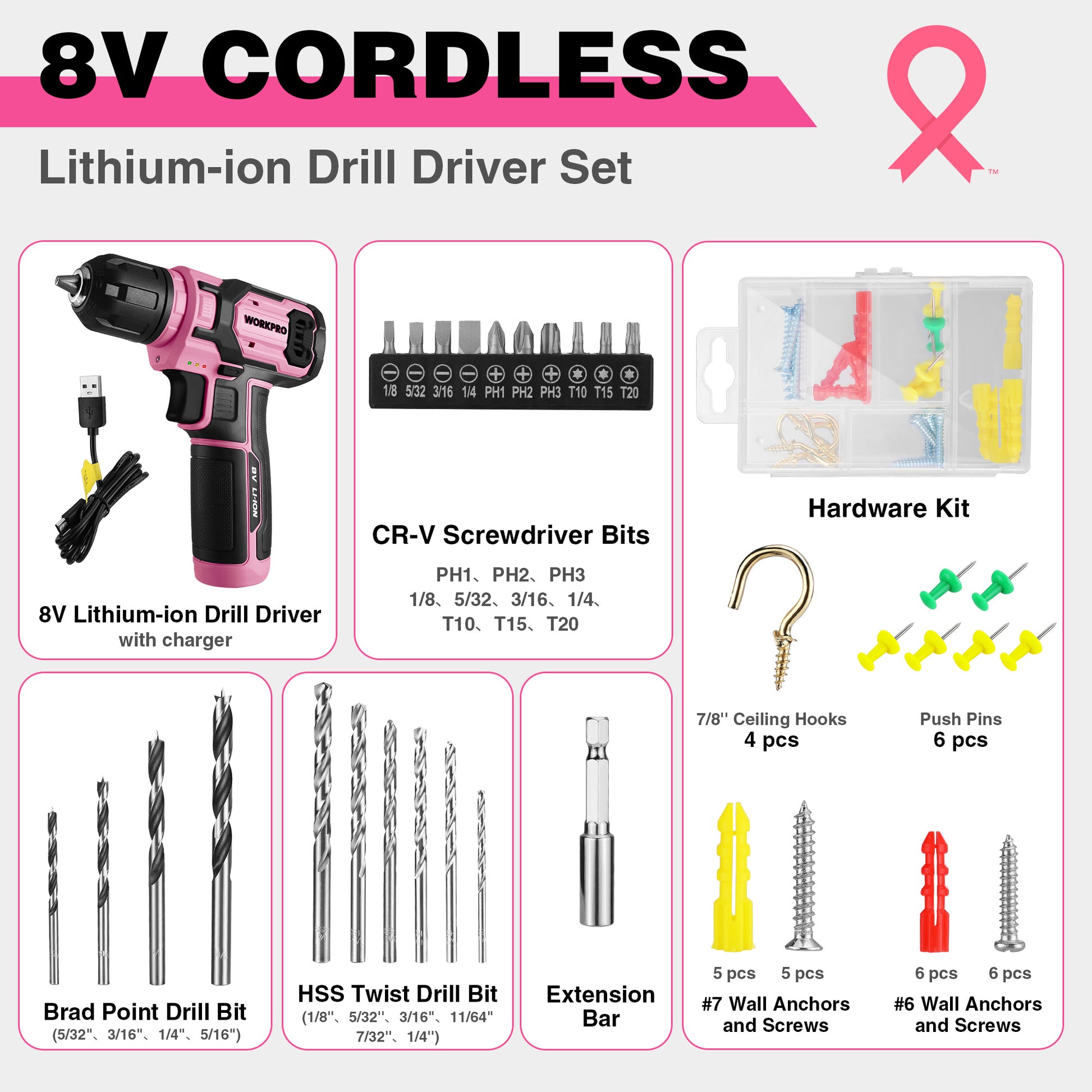 Pink 8V cordless drill driver set with bit assortment, charger, and hardware kit