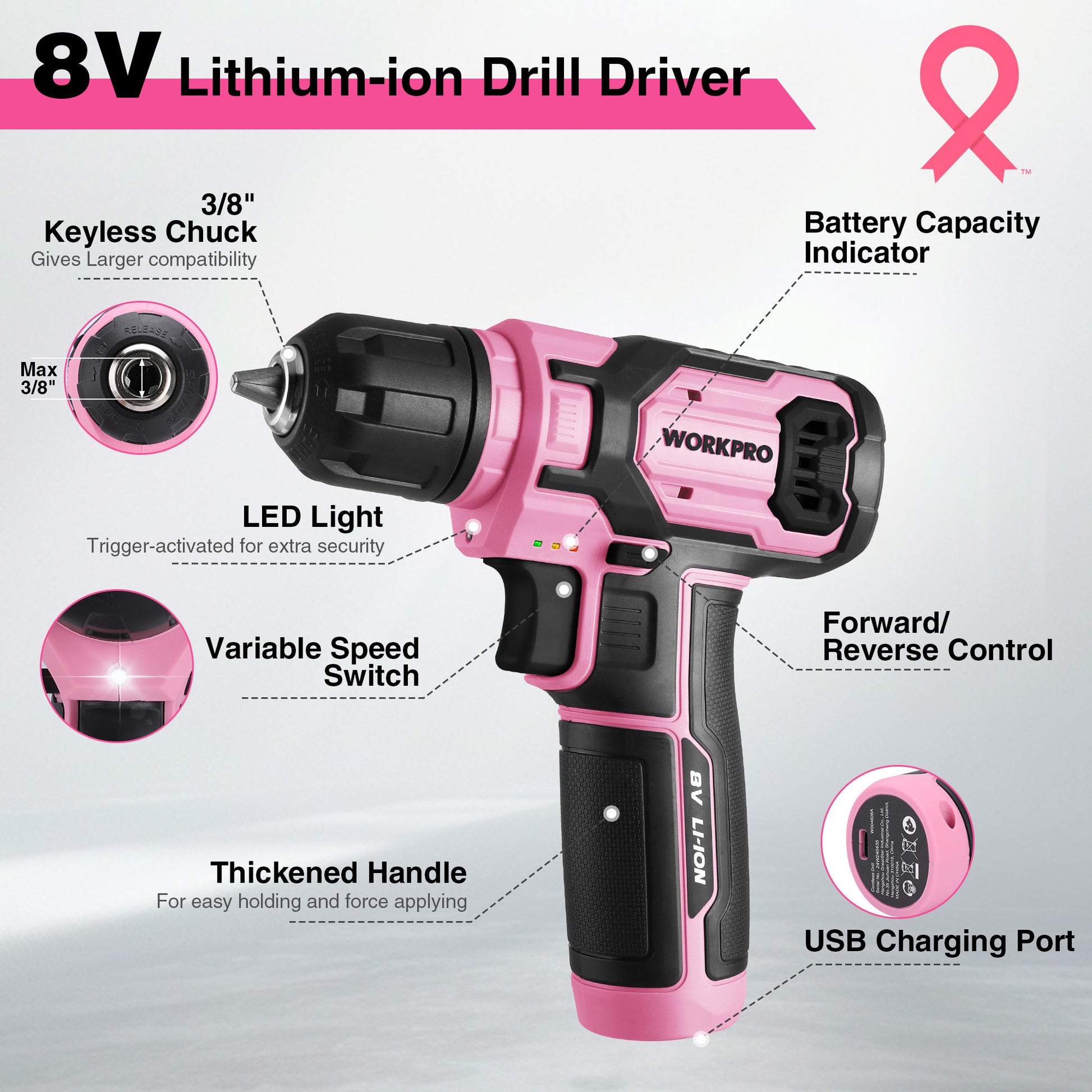 Pink and black 8V lithium-ion drill driver with 3/8 in keyless chuck and LED light