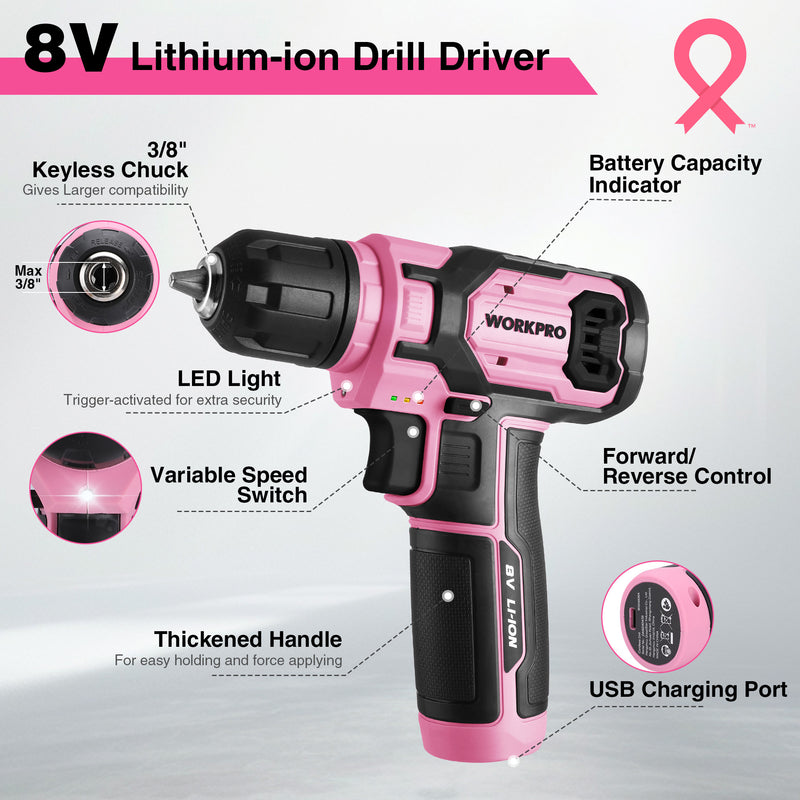 WORKPRO 8V Cordless Drill Driver Set with 53pcs Bit Set, 2.0Ah Electric Drill Kit with 3/8" Keyless Chuck - Pink Ribbon