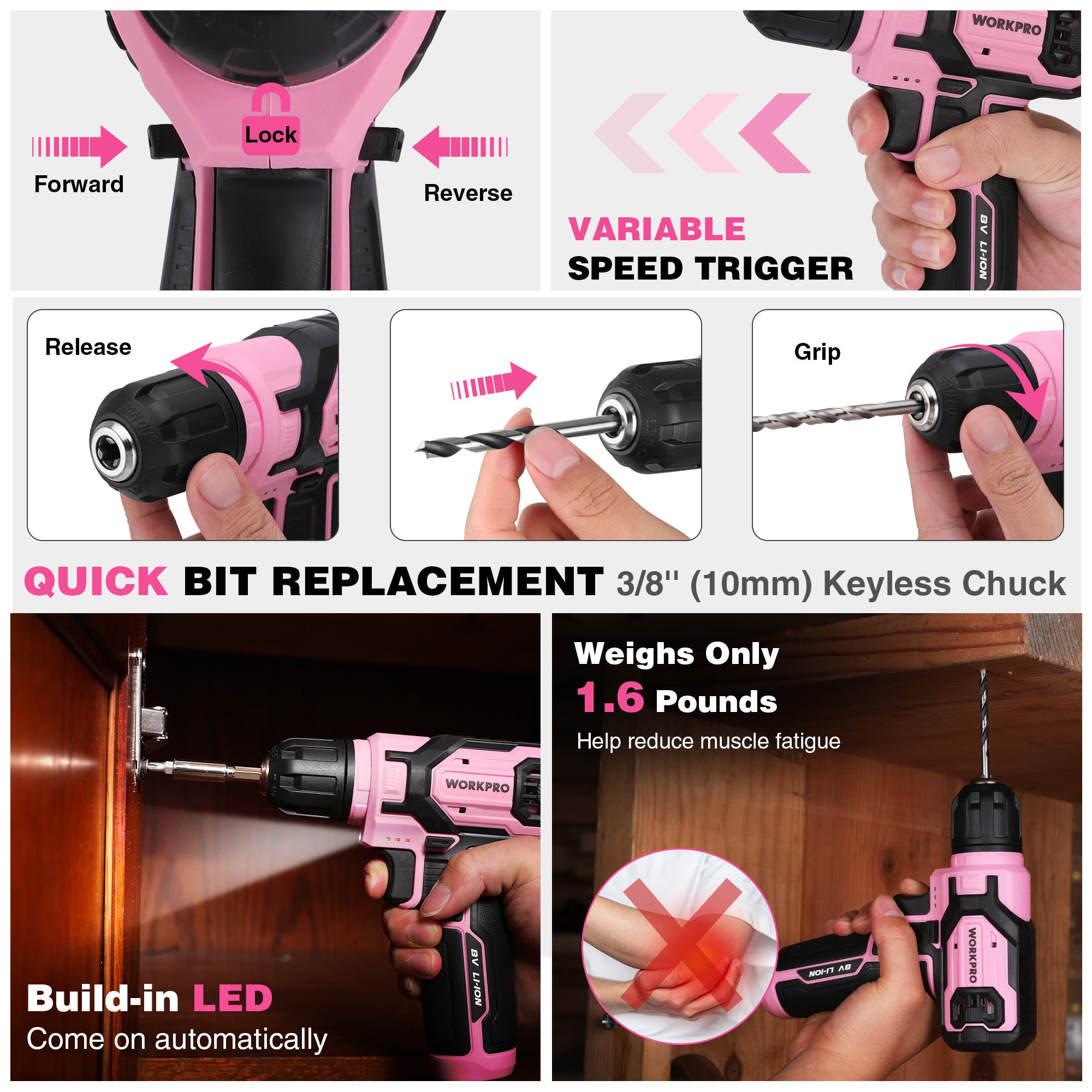 Pink cordless drill driver with quick bit replacement 3/8 in keyless chuck