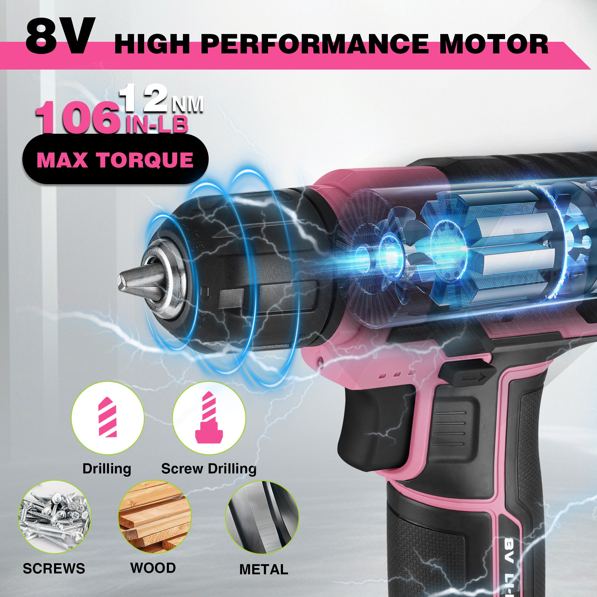 Pink and black 8V cordless drill driver with high-torque motor and drilling force