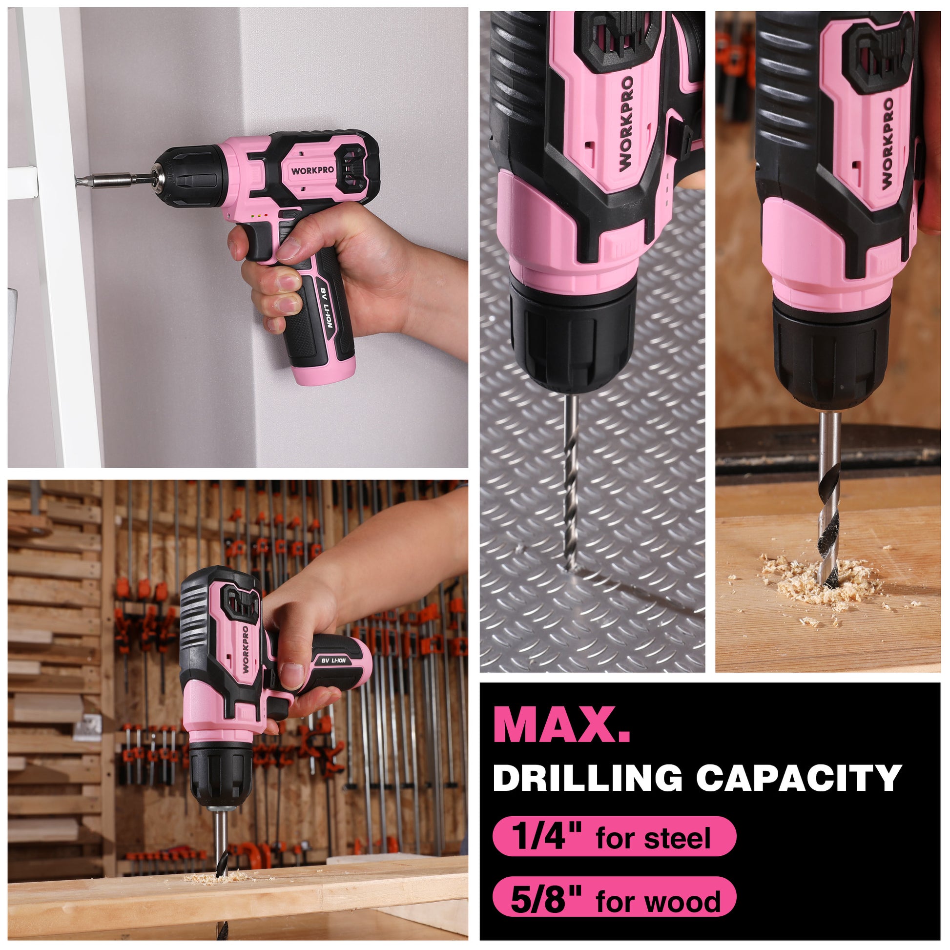 Pink cordless drill driver drilling into wood and walls with mounted bits