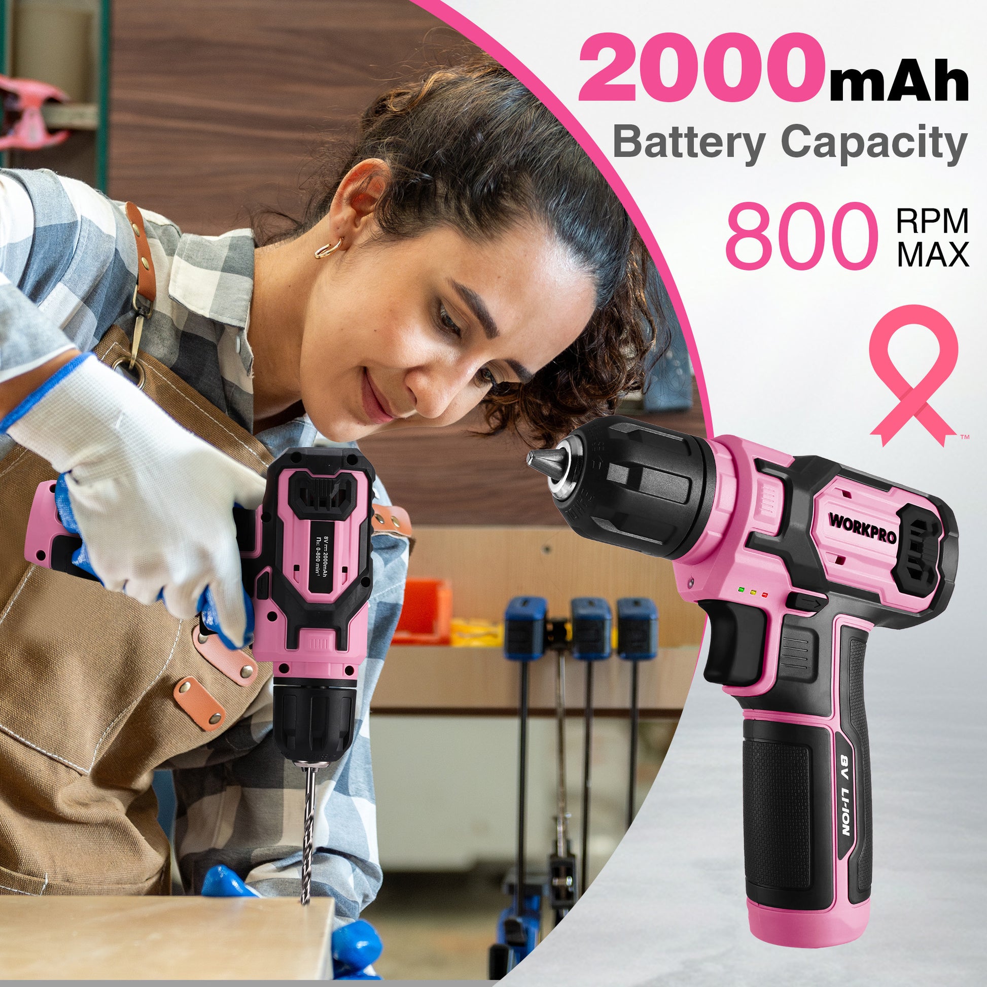 Pink and black 8V cordless drill driver being used on a workbench