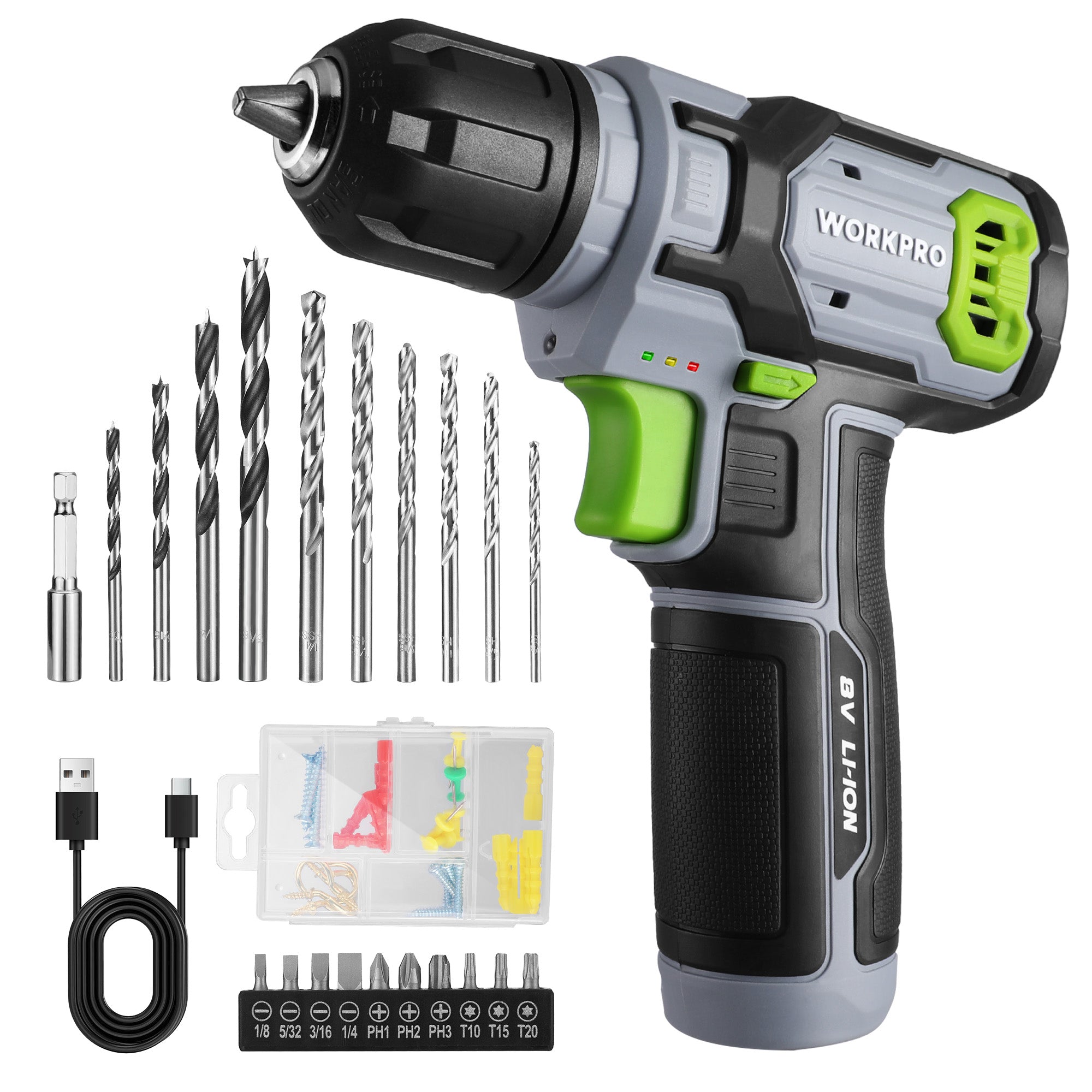 Gray and black 8V cordless drill driver kit with keyless chuck, bits, and storage case