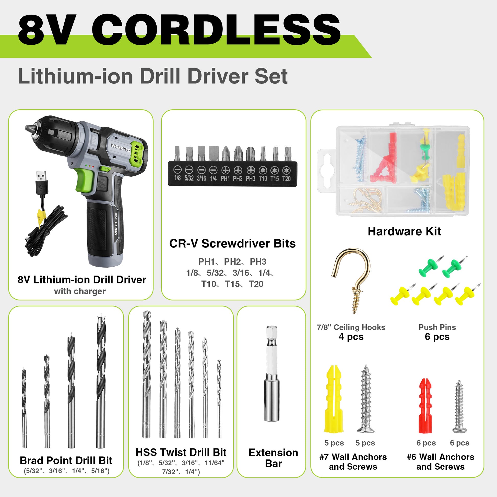 Gray 8V cordless drill driver set with bit assortment, charger, and hardware kit