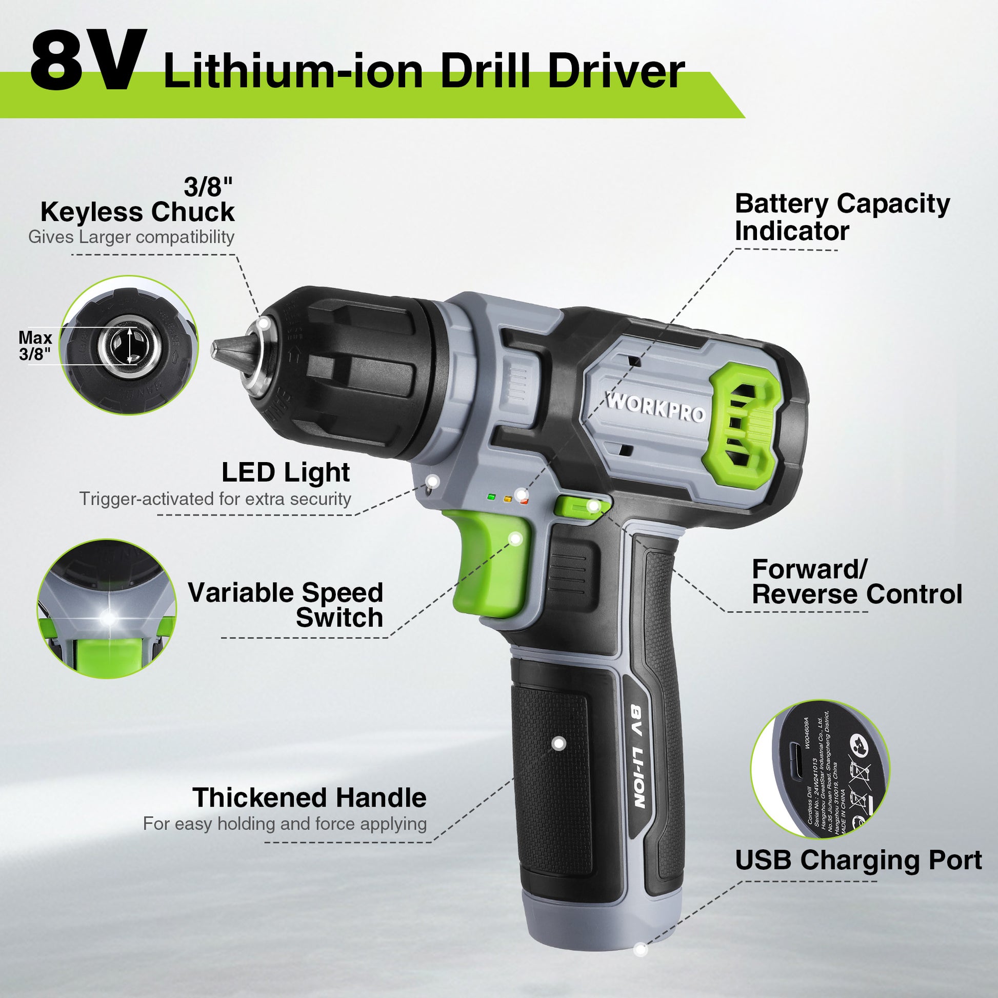 Gray and black 8V lithium-ion drill driver with 3/8 in keyless chuck and LED light
