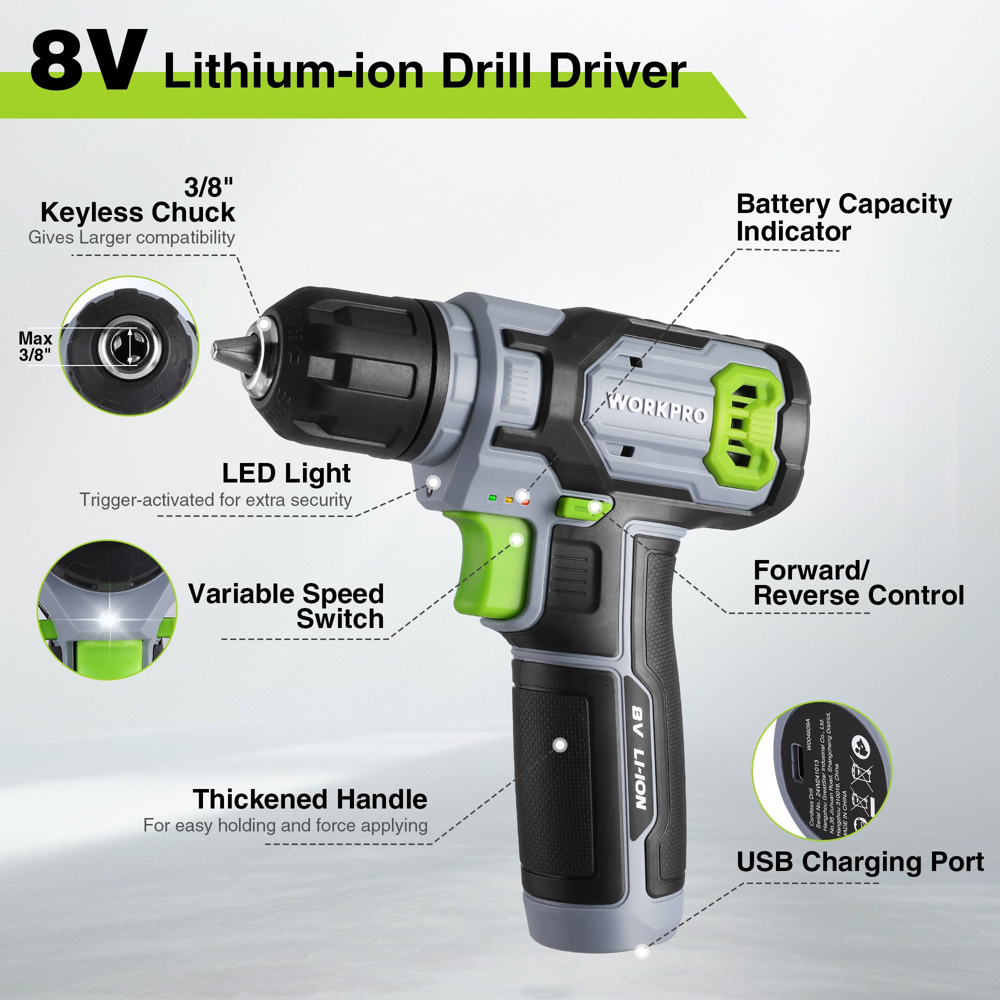 Gray and black 8V lithium-ion drill driver with 3/8 in keyless chuck and LED light