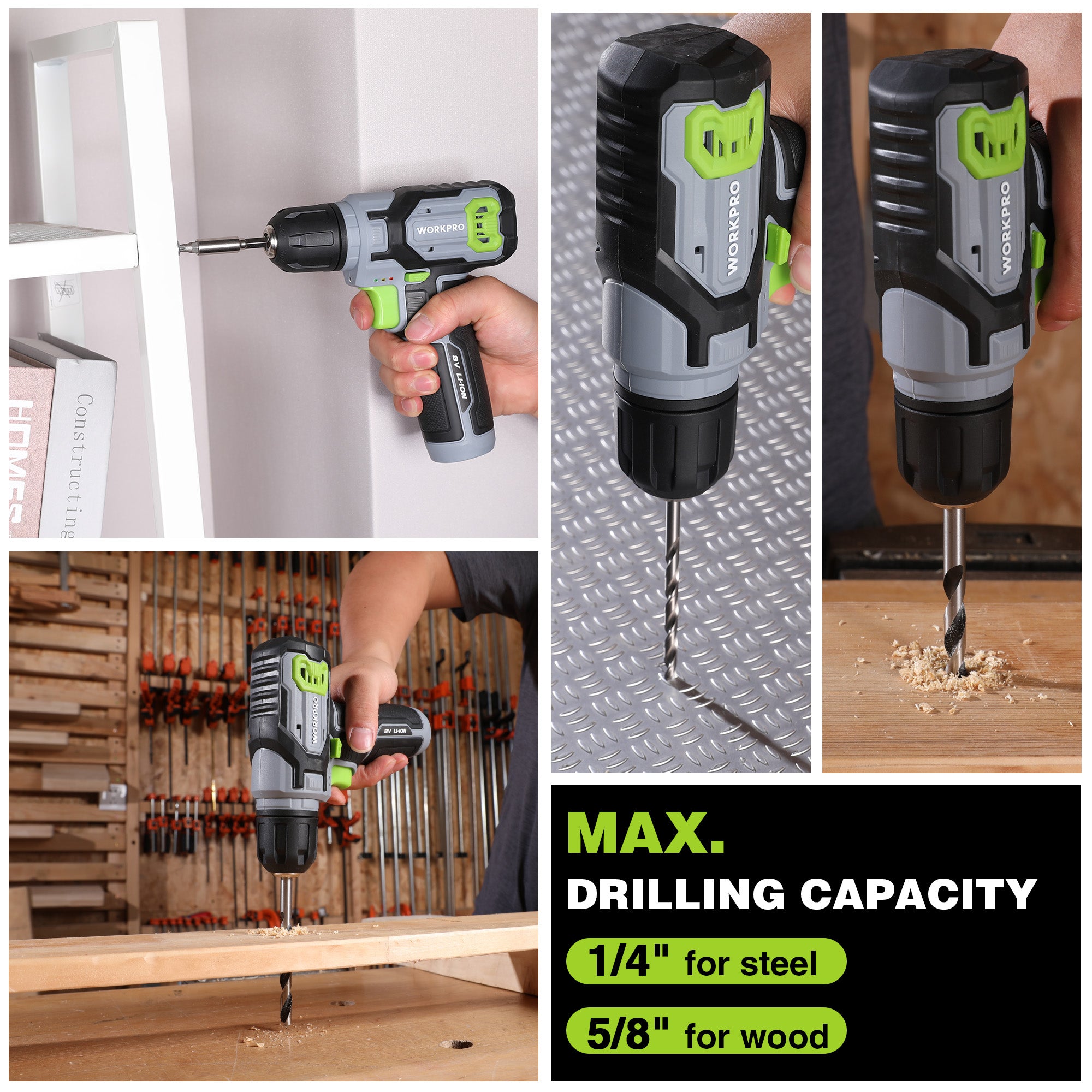 Cordless drill driver drilling into wood with metal bit and green front grip