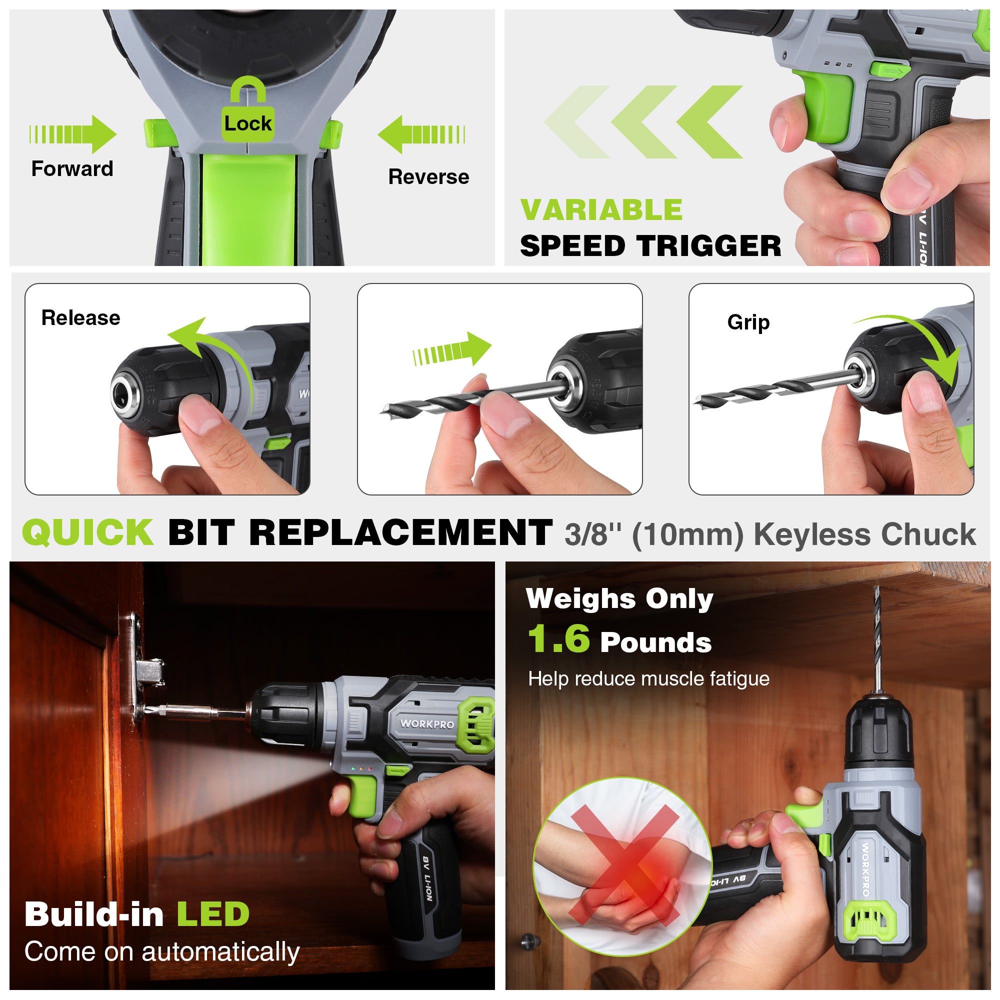 Cordless drill driver with green keyless 3/8 in chuck and drill bit