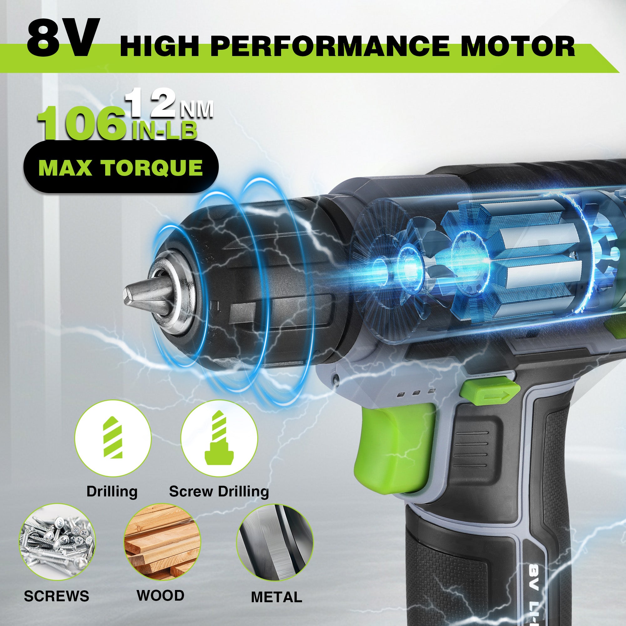 8V cordless drill driver with black-and-gray body and green front grip