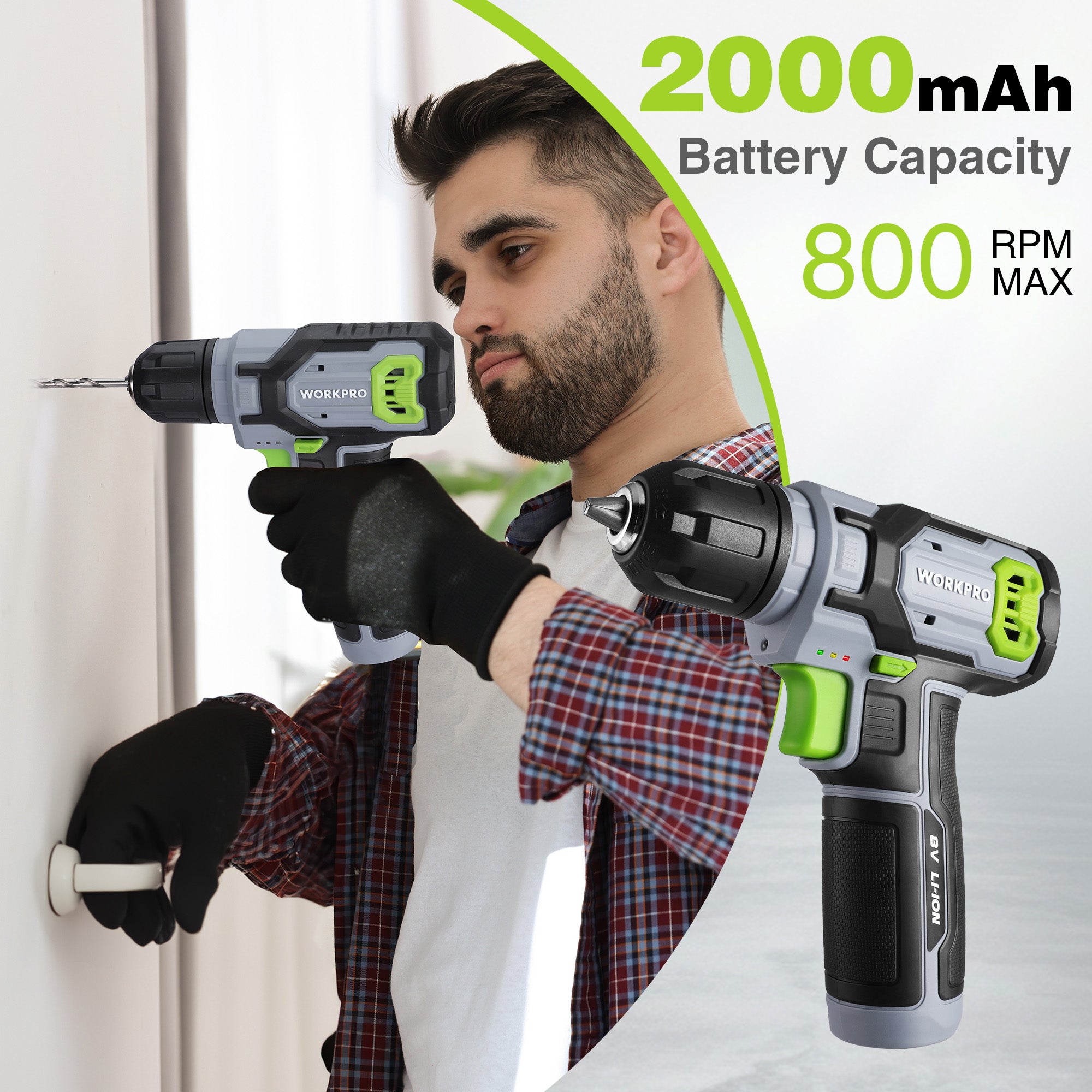 Cordless drill driver held in hand with green accents and keyless chuck