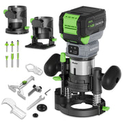 WORKPRO 20V Cordless Compact Router Tool in brushed metal and green with secure, durable, convenient innovation