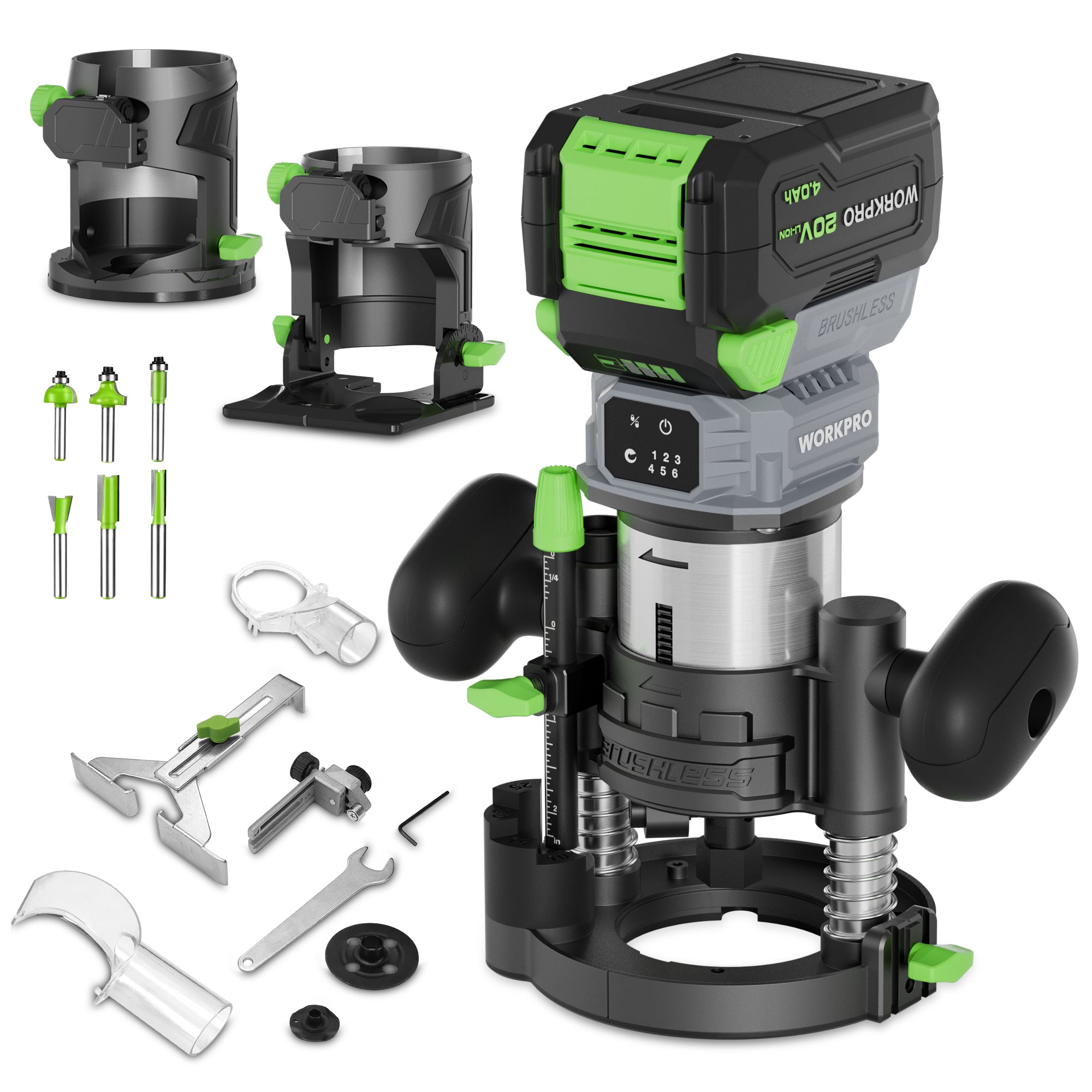 WORKPRO 20V Cordless Compact Router Tool in brushed metal and green with secure, durable, convenient innovation