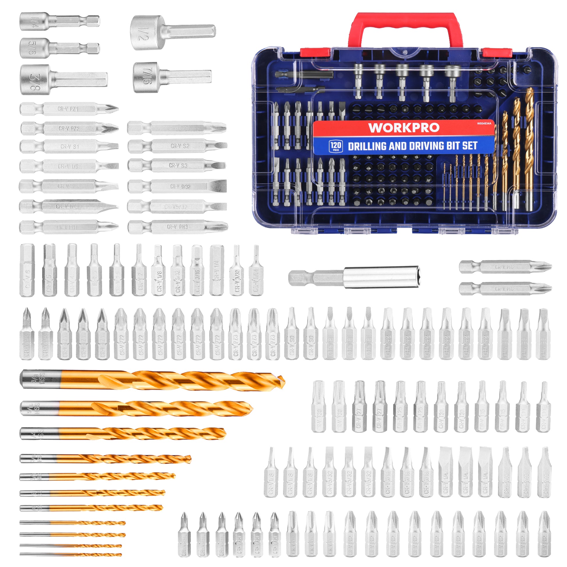 WORKPRO Drill Bit Set 120 piece drilling and driving bit set with secure labeled storage case, innovation quality