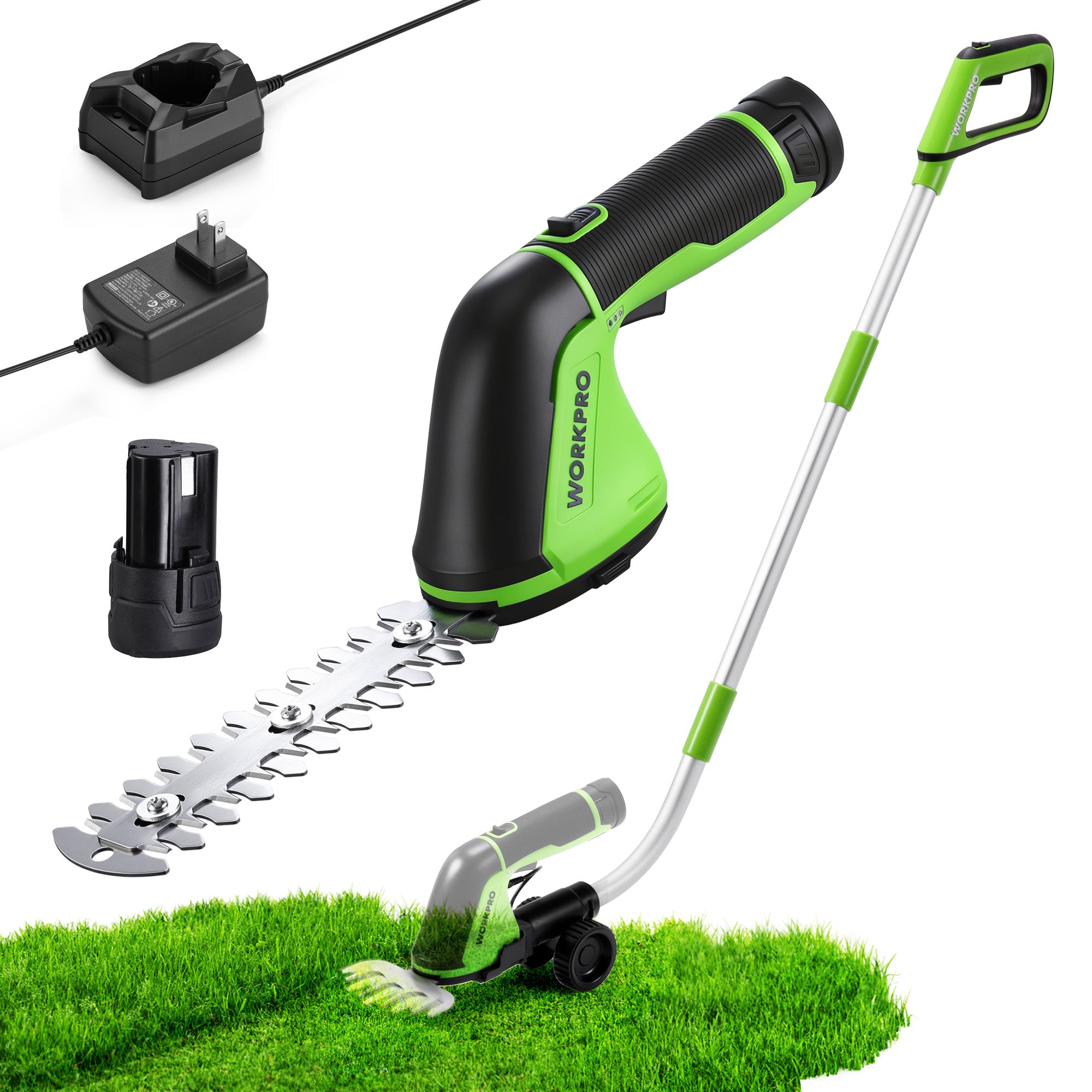 WORKPRO 12V cordless grass shear with innovation, quality, and durable steel blades in green and black