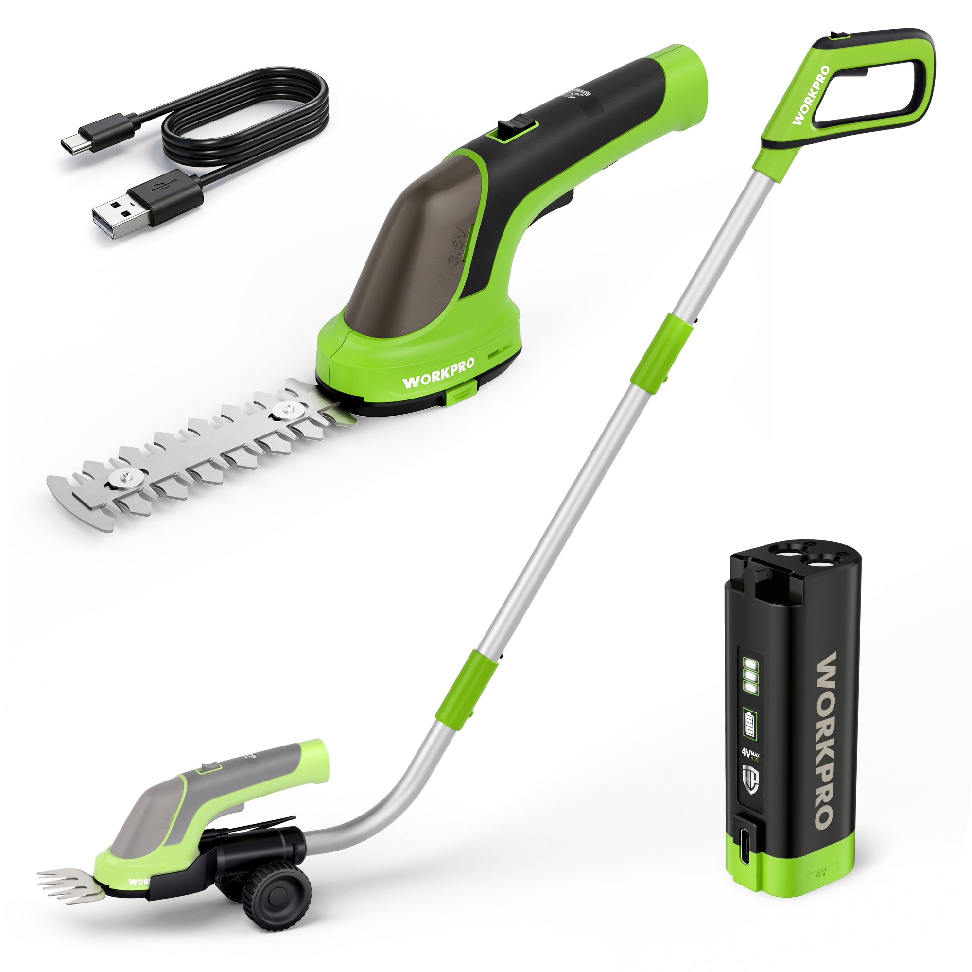 WORKPRO 3.6V hedge trimmer with grass cutter in green and black, innovation quality high-quality and secure