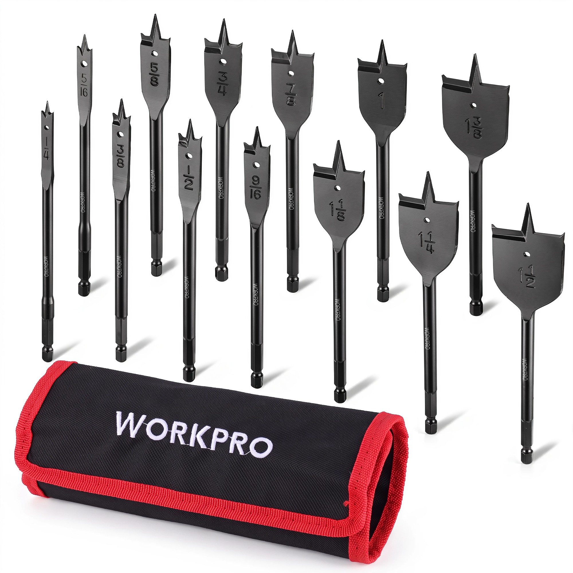 WORKPRO 13-piece spade drill bit set with black finish, innovation quality, durable secure and convenient