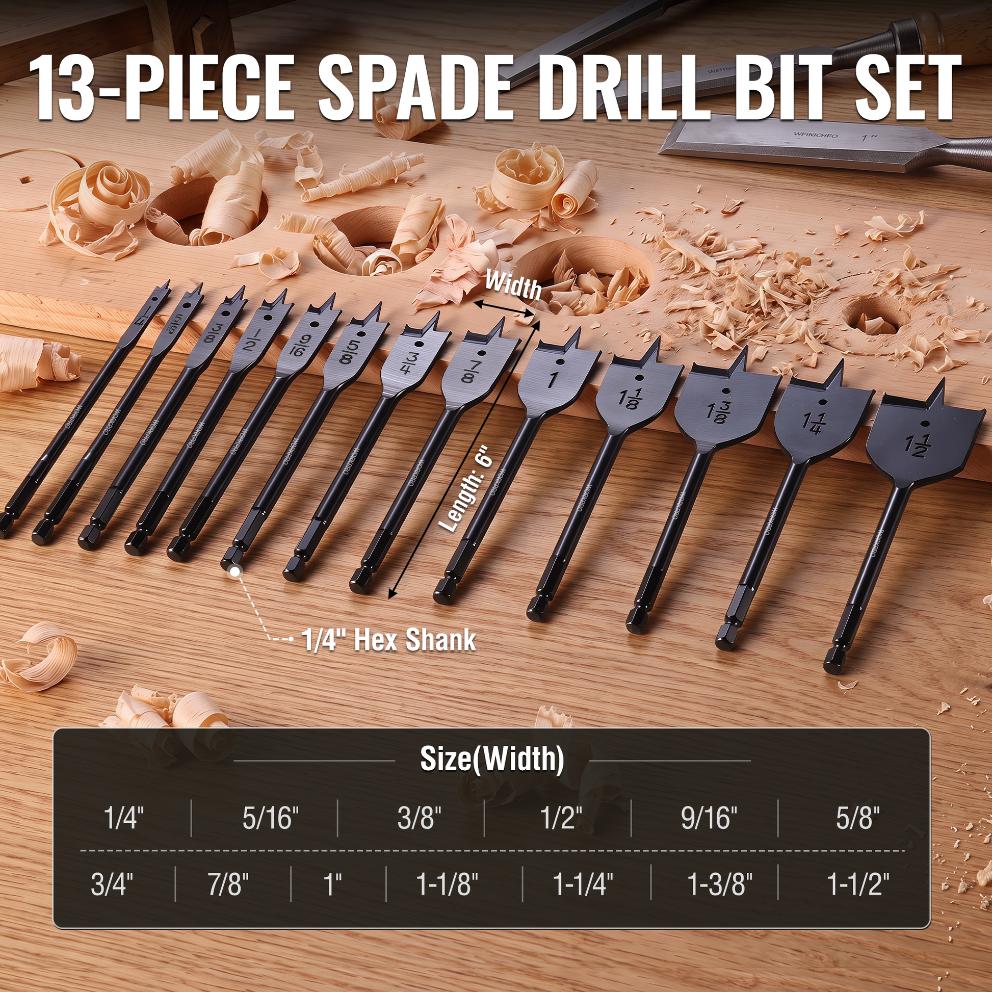 WORKPRO 13-piece spade drill bit set with innovation, quality, durable black steel for woodworking drilling