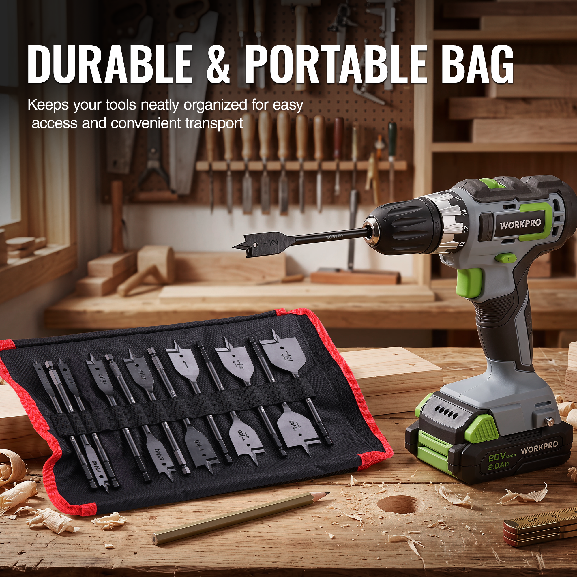 WORKPRO 13-Piece Spade Drill Bit Set with black spade bits, innovation quality and durable secure storage bag