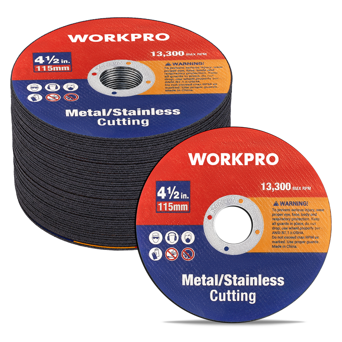 Workpro 50 pack 4-1/2 inch cut off wheels in black with double fiberglass mesh for stainless steel cutting.