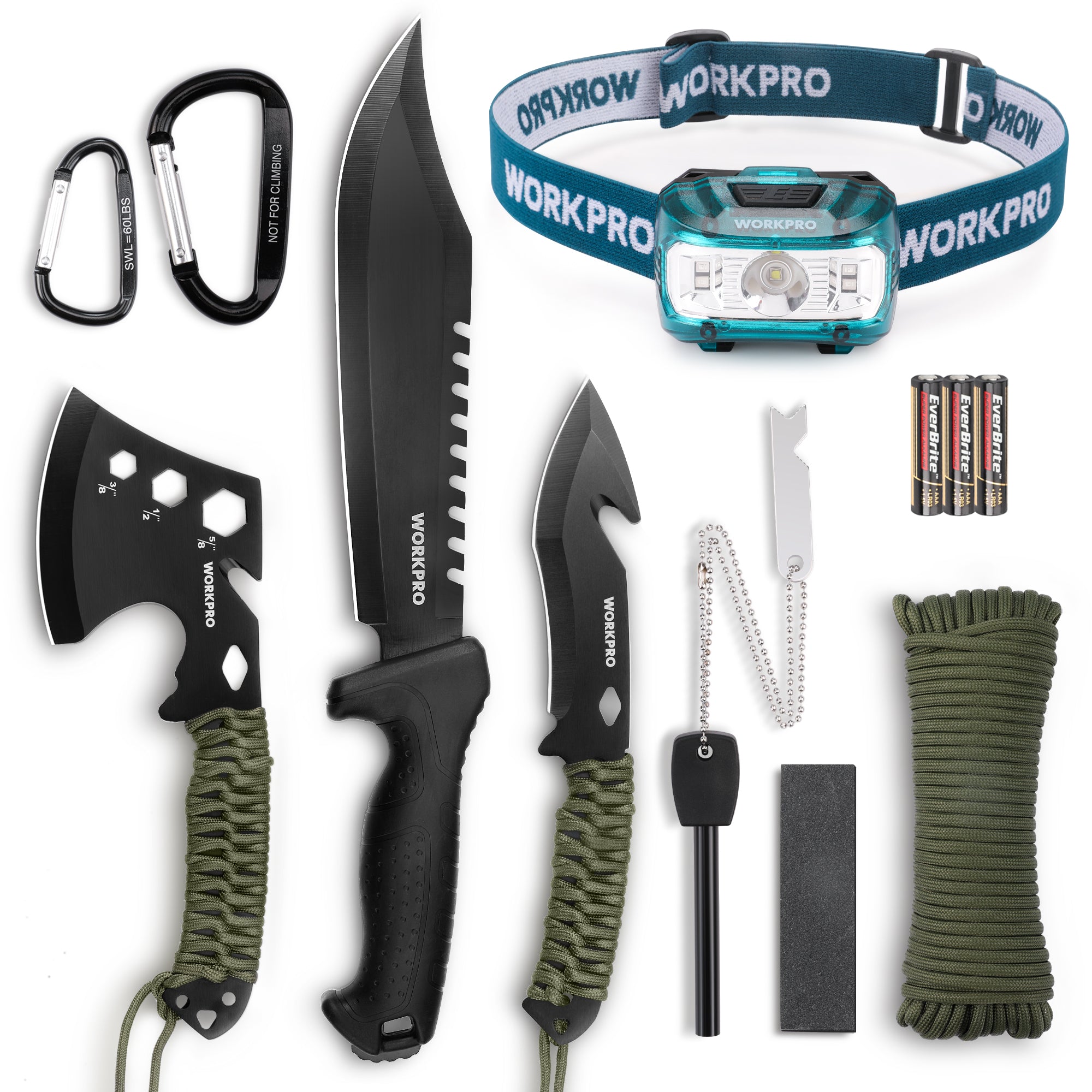WORKPRO Machete and Camping Hatchet Set with Sheath | Camping Axe, Fixed Blade Hunting Knives, Paracord Handle, Headlamp, Flint Included, Camping Survival Tool Set