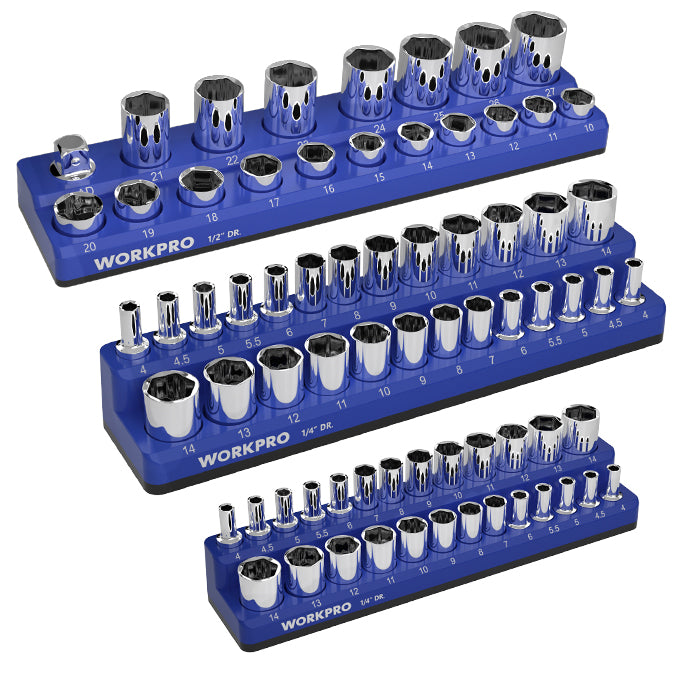 WORKPRO 1/4", 3/8", 1/2" Dr Metric/SAE Magnetic Socket Organizer Set (Socket not Included)