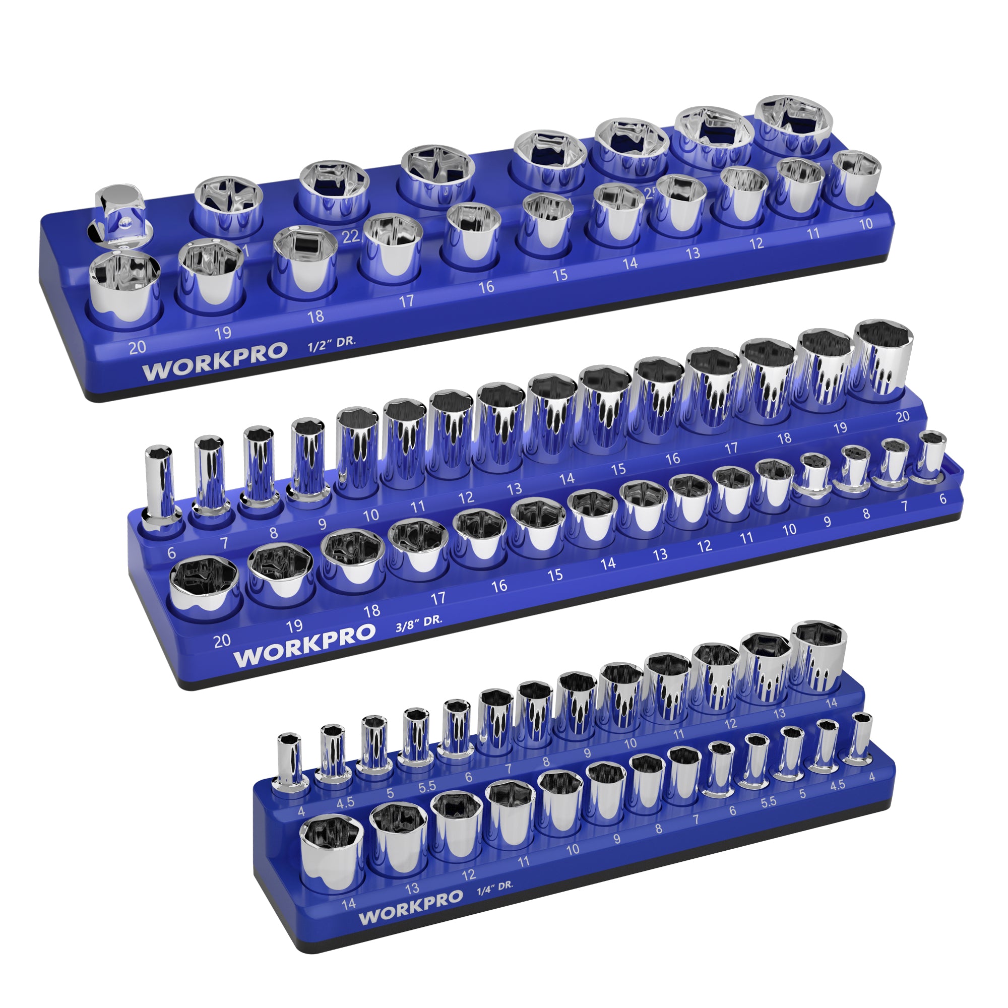 WORKPRO magnetic socket organizer set with chrome sockets on blue labeled trays