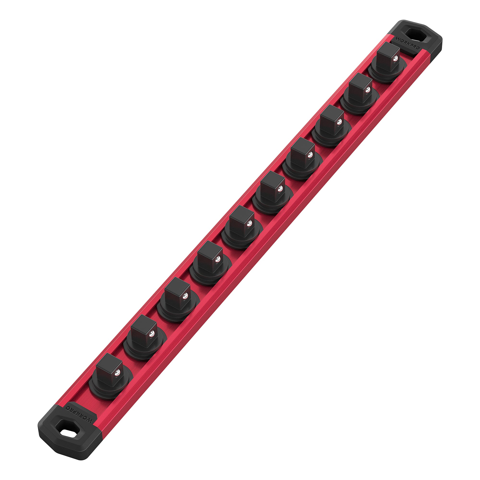 WORKPRO Magnetic Socket Organizer, 1/2-Inch Drive Aluminum Alloy Sockets Rail, Heavy Duty Sockets Holder, Socket Rack Kit 1/2-Inch x 10 Clips (Red)