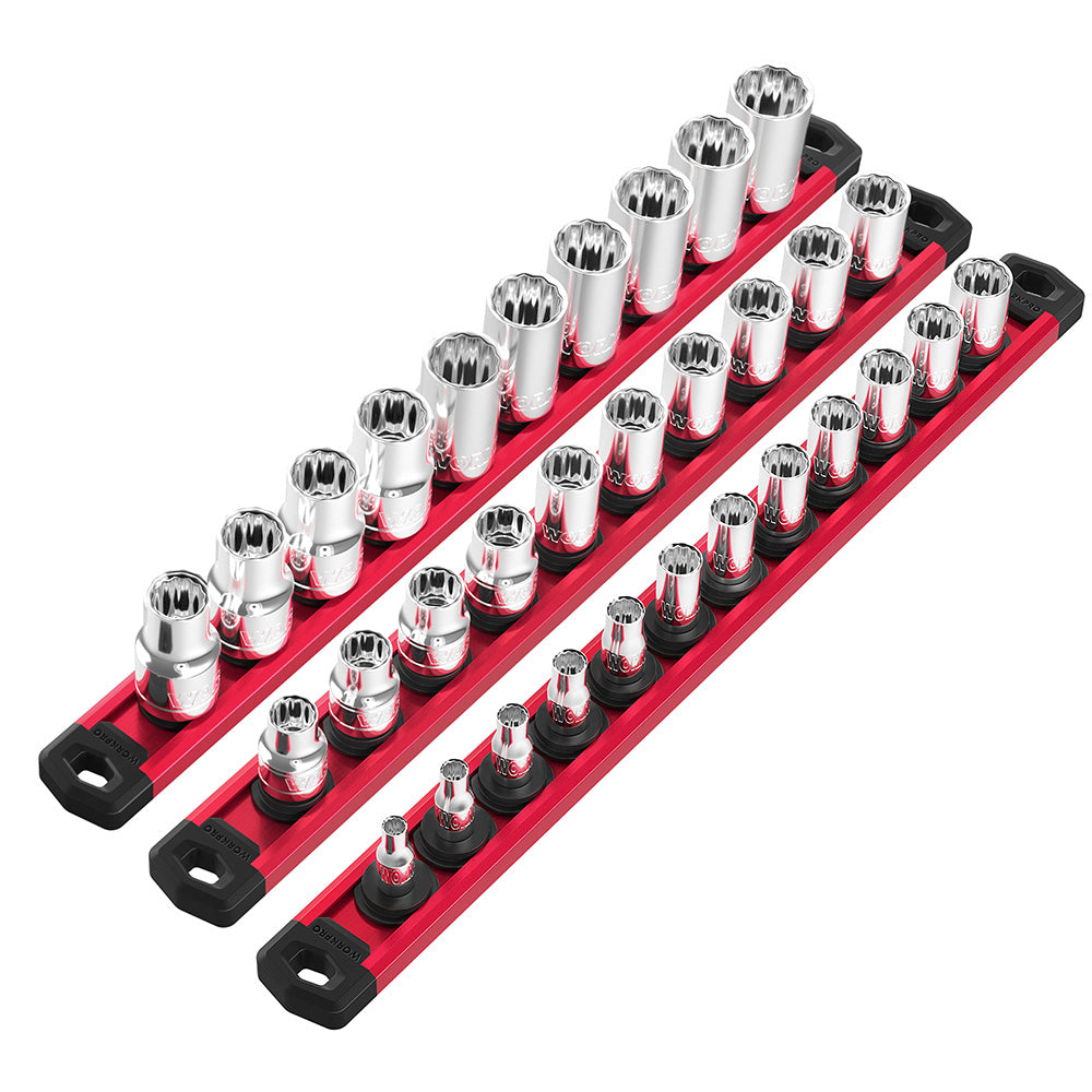 WORKPRO 3 Pcs Aluminum Alloy Magnetic Socket Organizer Set, Heavy Duty Socket Holder 1/4-Inch x 12 Clips, 3/8-Inch x 10 Clips, 1/2-Inch x 10 Clips (Socket not Included), Red