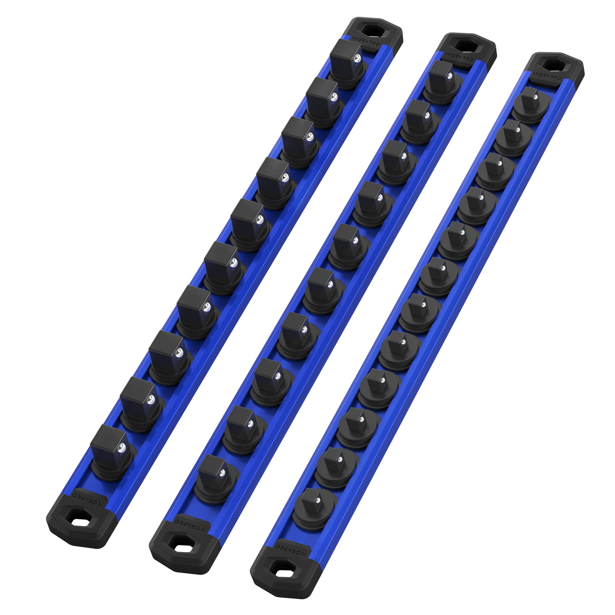 WORKPRO 3 Pcs Aluminum Alloy Magnetic Socket Organizer Set, Heavy Duty Socket Holder 1/4-Inch x 12 Clips, 3/8-Inch x 10 Clips, 1/2-Inch x 10 Clips (Socket not Included), Blue