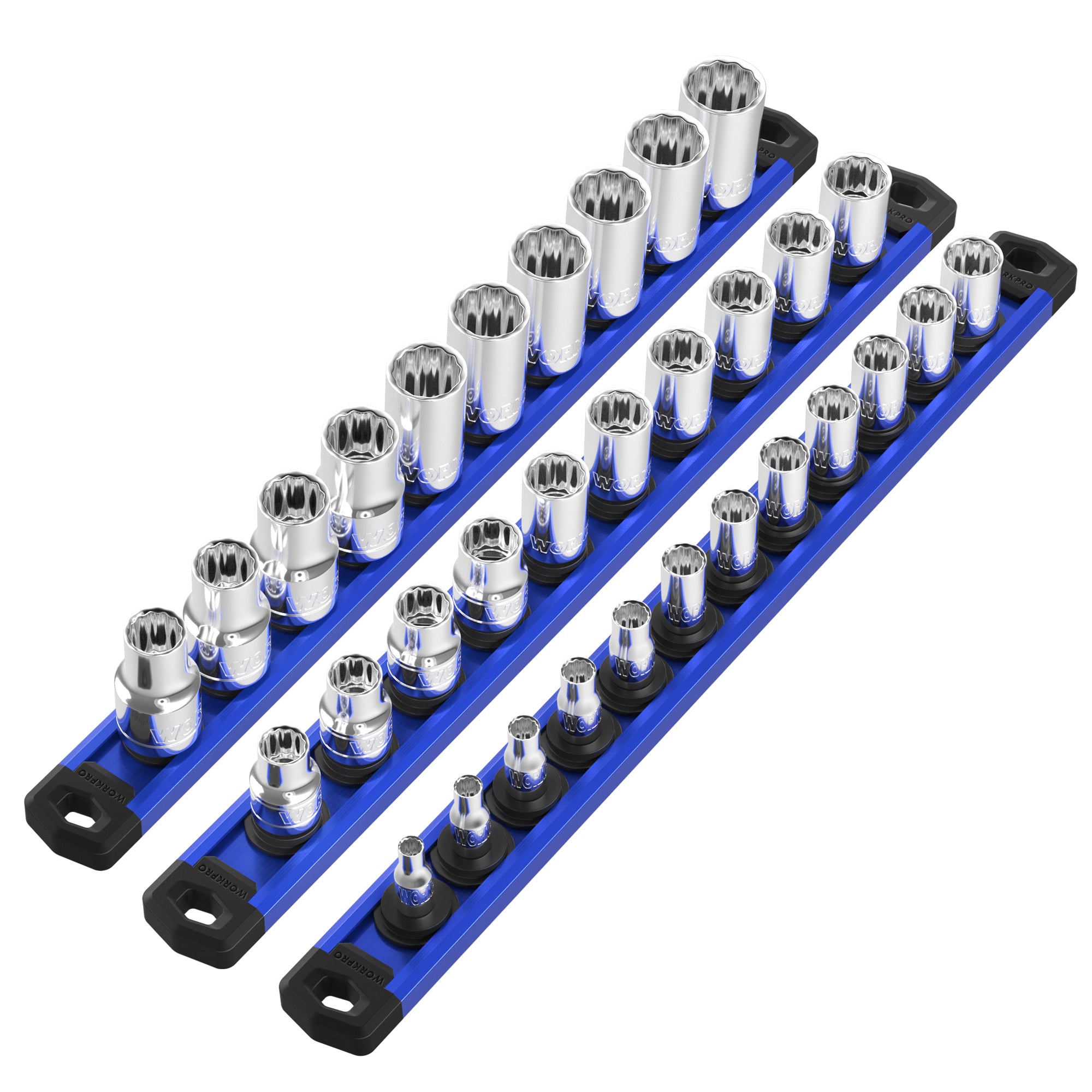 WORKPRO 3 Pcs Aluminum Alloy Magnetic Socket Organizer Set, Heavy Duty Socket Holder 1/4-Inch x 12 Clips, 3/8-Inch x 10 Clips, 1/2-Inch x 10 Clips (Socket not Included), Blue