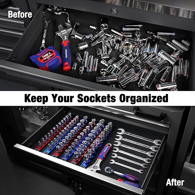Red aluminum magnetic socket organizer set with black clips, holding sockets in rows.