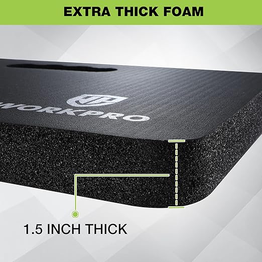 Close-up of black kneeling pad foam edge labeled 1.5 inch thick