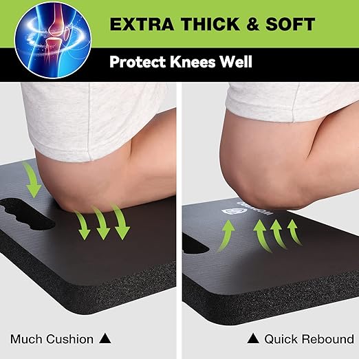 Black extra-thick kneeling pad showing cushioning and quick rebound