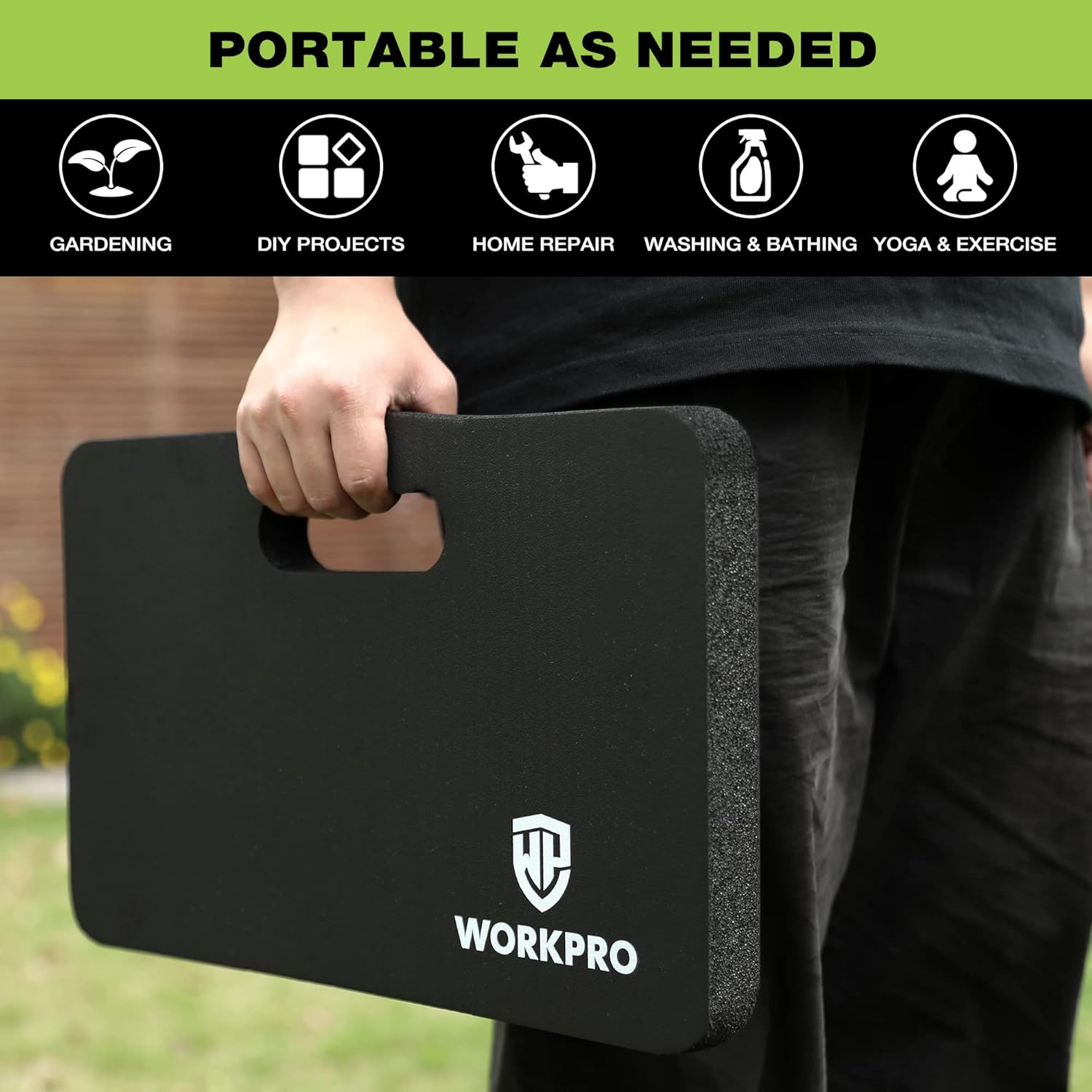 Black extra-thick kneeling pad with carry handle cutout and WORKPRO logo