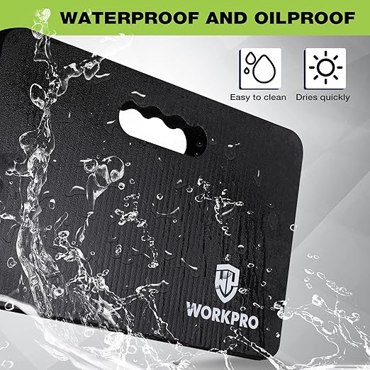 Black waterproof kneeling pad surface with water-splash graphic
